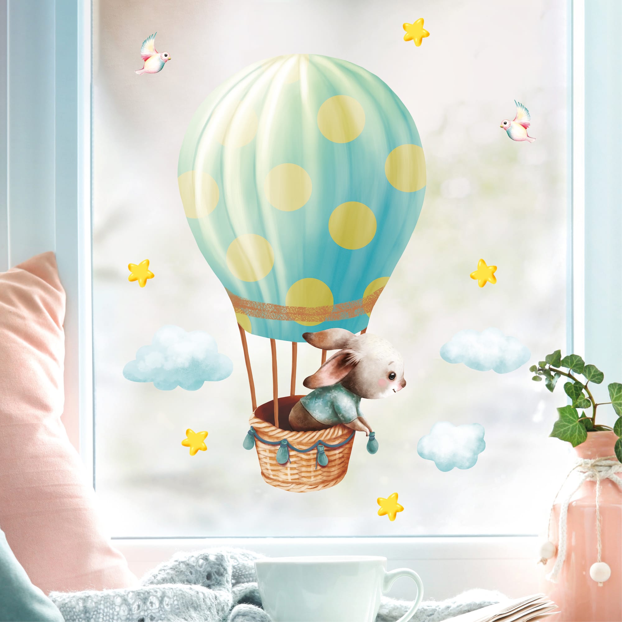 Auf dem Bild ist das Produkt: Wiederverwendbares Fensterbild Frühling Ostern Hase im Heißluftballon Fensterdeko Kinderzimmer Kind Frühlingsdeko zum Preis von €13.90 abgebildet.