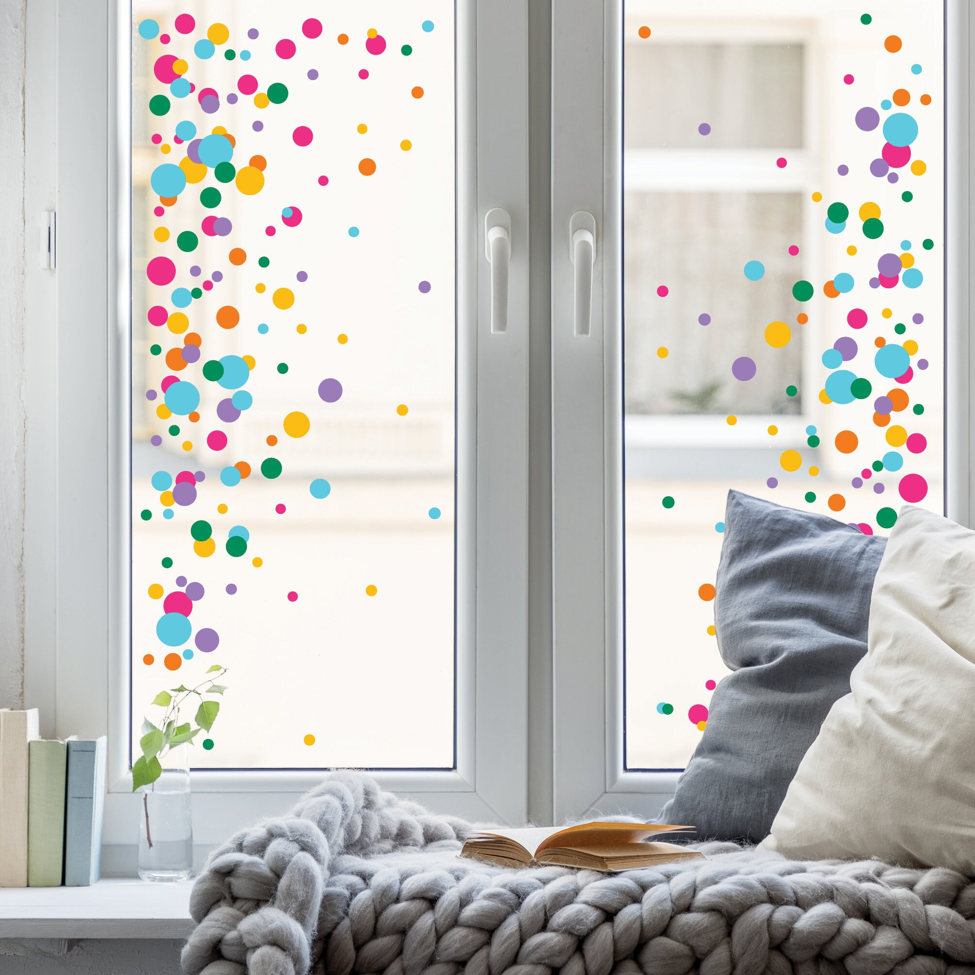 Fensterbild Konfetti Karneval Farbspritzer wiederverwendbar Frühling bunte Punkte Fasching farbige Kreise
