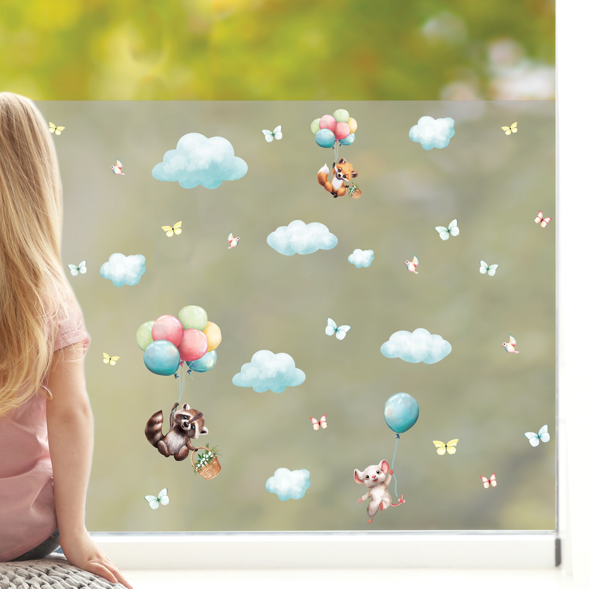 Sichtschutzfolie Kinderzimmer Waschbär und Maus mit Luftballons, Fensterfolie Fensterdeko Milchglasfolie