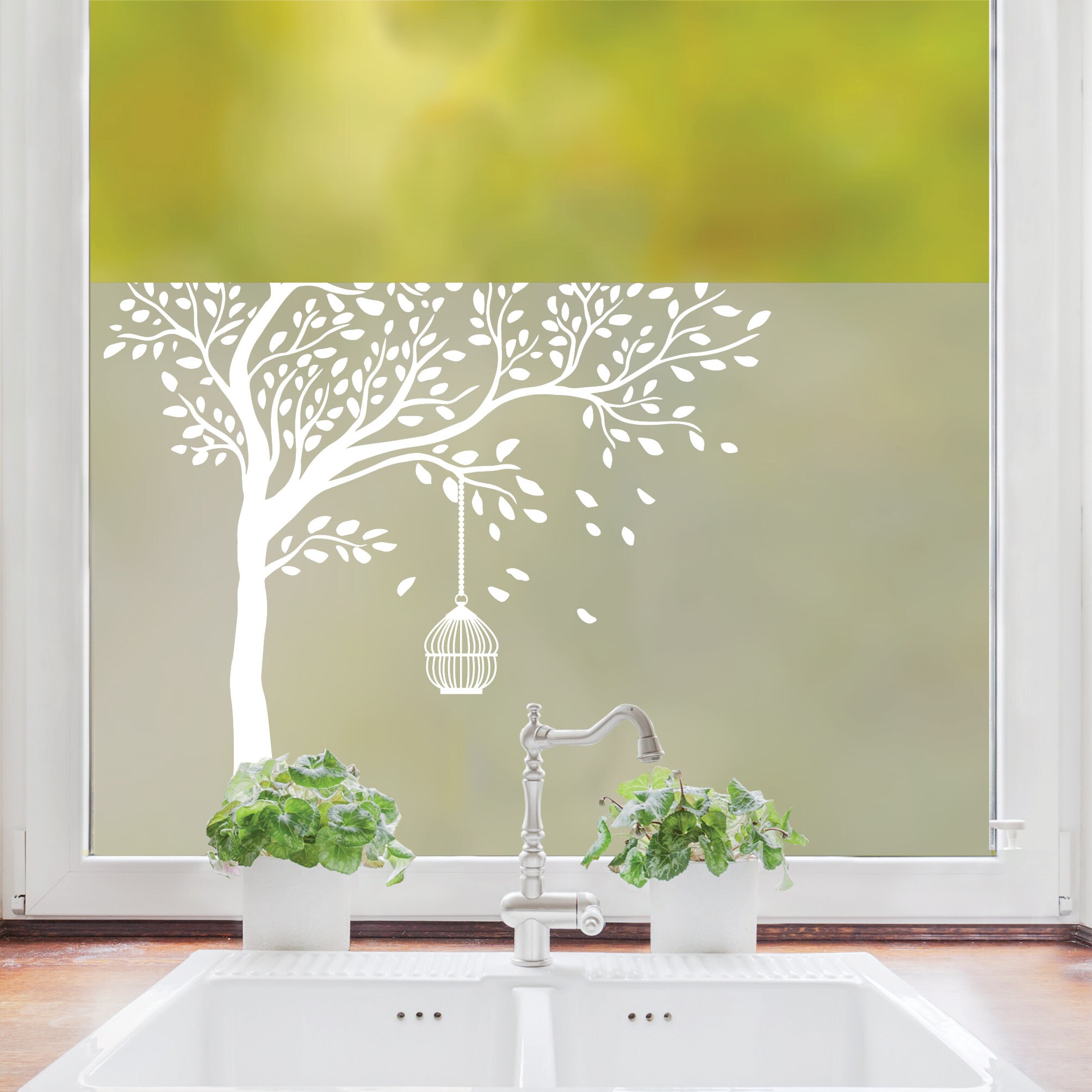 Sichtschutzfolie mit einem Baum und einem Käfig, Fensterfolie, Fensterdeko Milchglasfolie