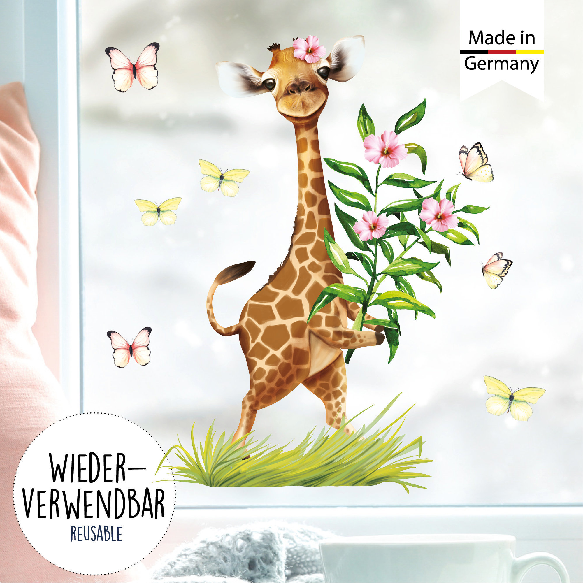 Wiederverwendbares Fensterbild Frühling Giraffe mit Schmetterlingen Fensterdeko Kinderzimmer Kind