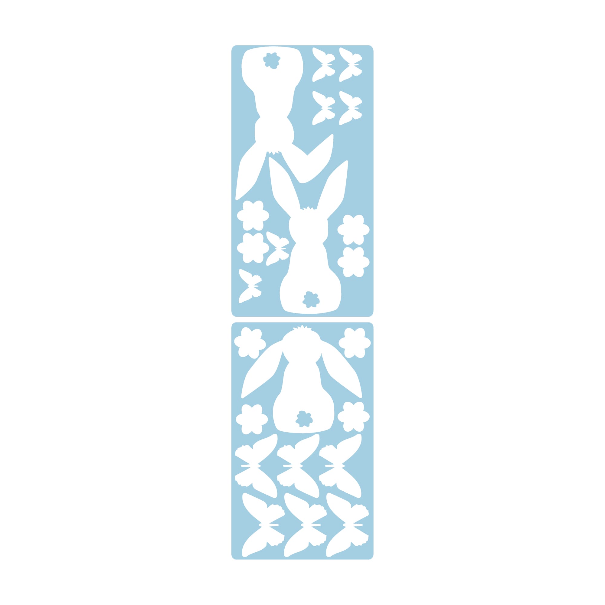 Auf dem Bild ist das Produkt: Fensteraufkleber Frühling Ostern drei Hasen Blümchen Schmetterlinge weiß WIEDERVERWENDBAR 23 Aufkleber im SetFensterbild Fensterdeko zum Preis von €8.9 abgebildet.