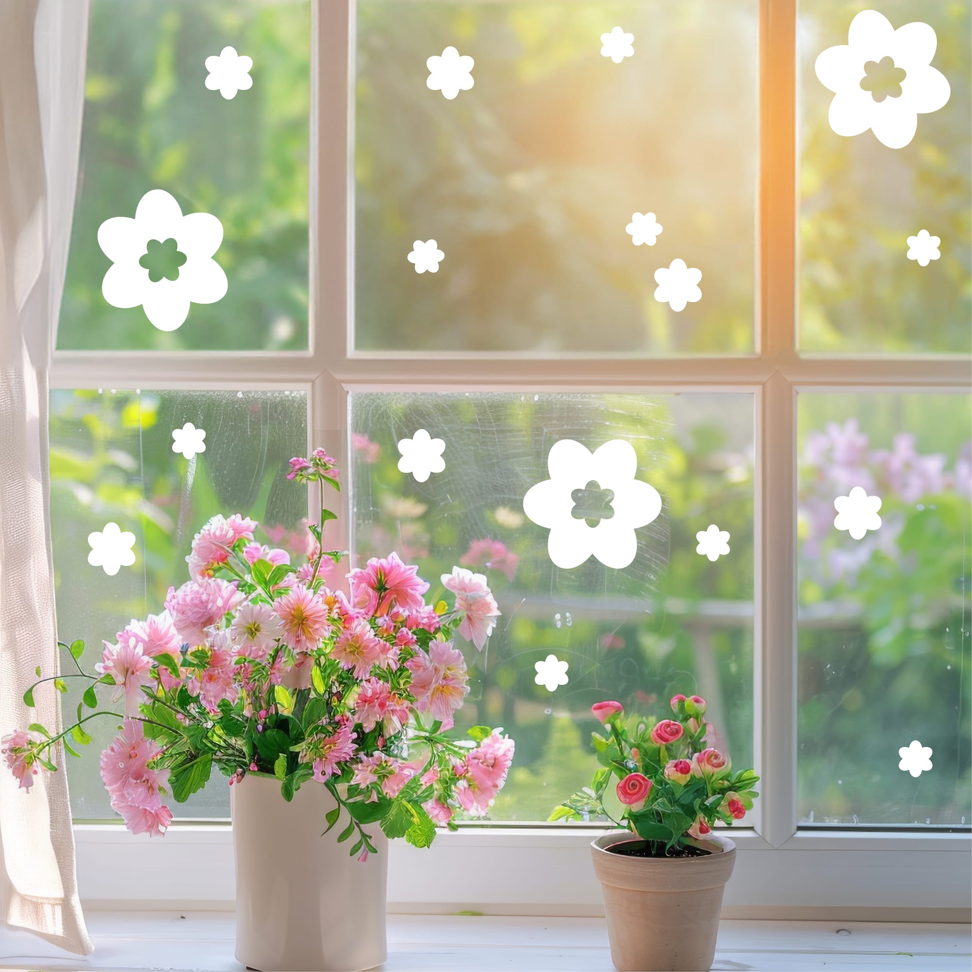 Auf dem Bild ist das Produkt: Fensteraufkleber Frühling Blumen Weiß WIEDERVERWENDBAR  17 Aufkleber im Set Fensterbilder Ostermotiv zum Preis von €8.9 abgebildet.
