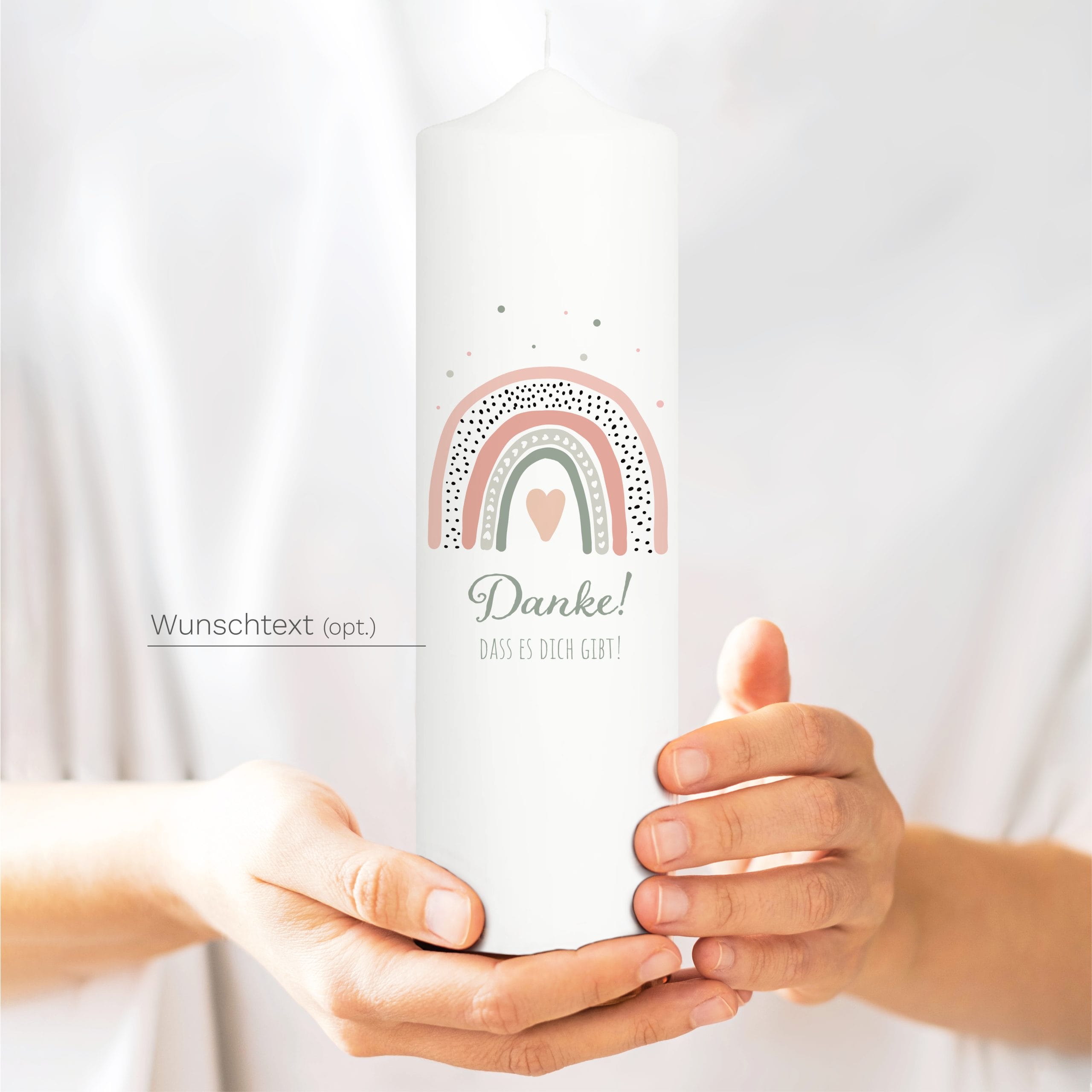 Auf dem Bild ist das Produkt: Weiße Kerze mit Schriftzug Danke, dass es dich gibt! mit Regenbogen Rosa Geschenk Geburtstag Freundin Verschenken Mädchen zum Preis von €5.9 abgebildet.