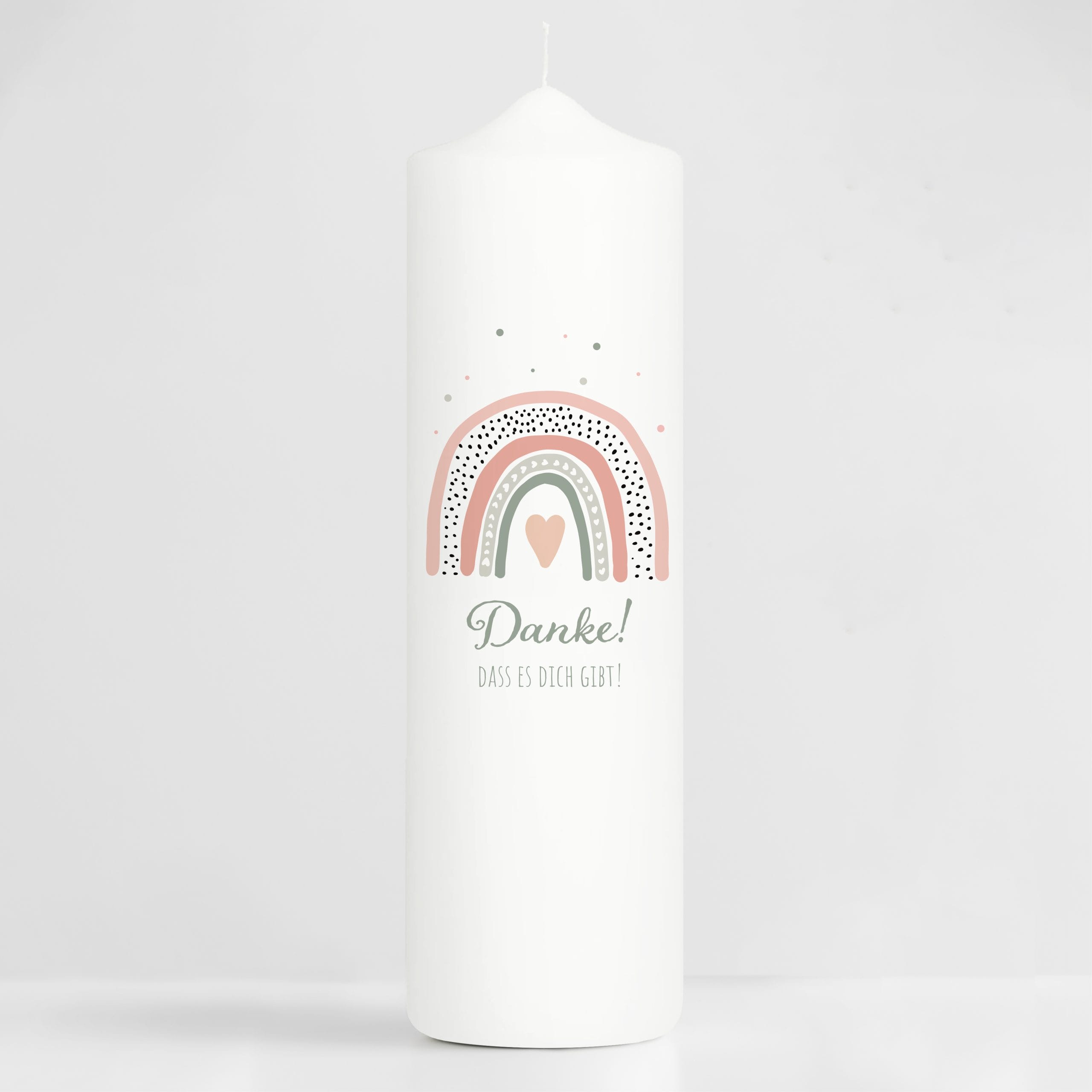 Auf dem Bild ist das Produkt: Weiße Kerze mit Schriftzug Danke, dass es dich gibt! mit Regenbogen Rosa Geschenk Geburtstag Freundin Verschenken Mädchen zum Preis von €5.9 abgebildet.