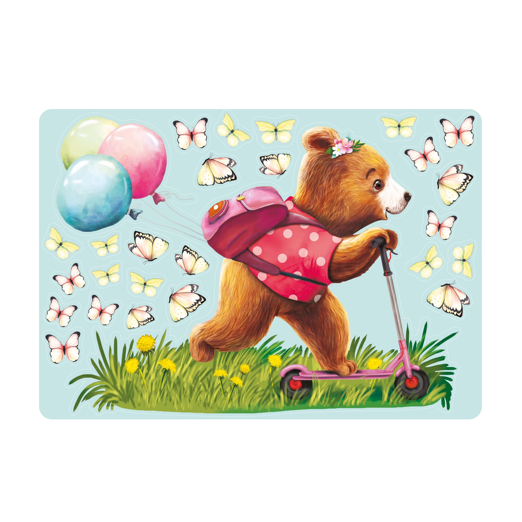 Auf dem Bild ist das Produkt: Fensterbild Frühling Ostern Mädchen Bär Roller Scooter Schmetterlinge Fensterdeko Kinderzimmer Kind, Frühlingsdeko, Osterdeko zum Preis von €13.90 abgebildet.