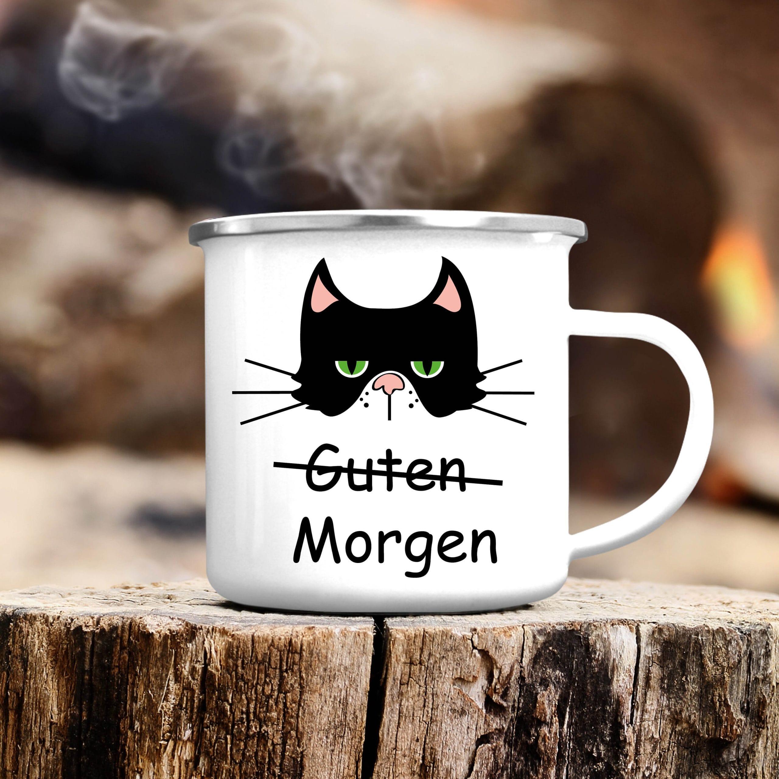 Campingbecher Emaille Guten Morgen Katze Edelstahl Grumpy Cat, Geschenk Geburtstag