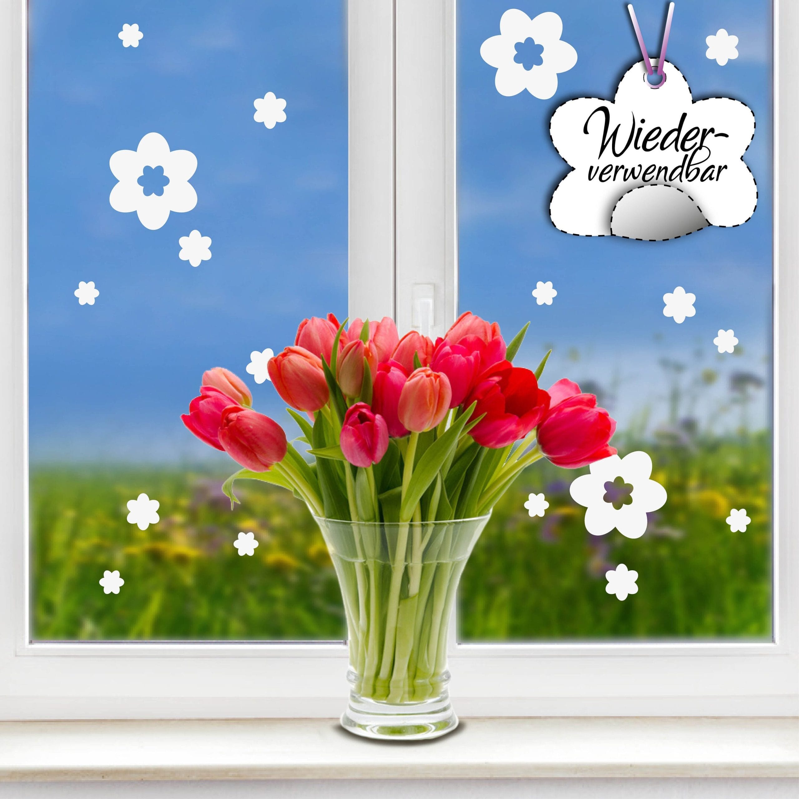 Fensteraufkleber Frühling Blumen Weiß WIEDERVERWENDBAR  17 Aufkleber im Set Fensterbilder Ostermotiv