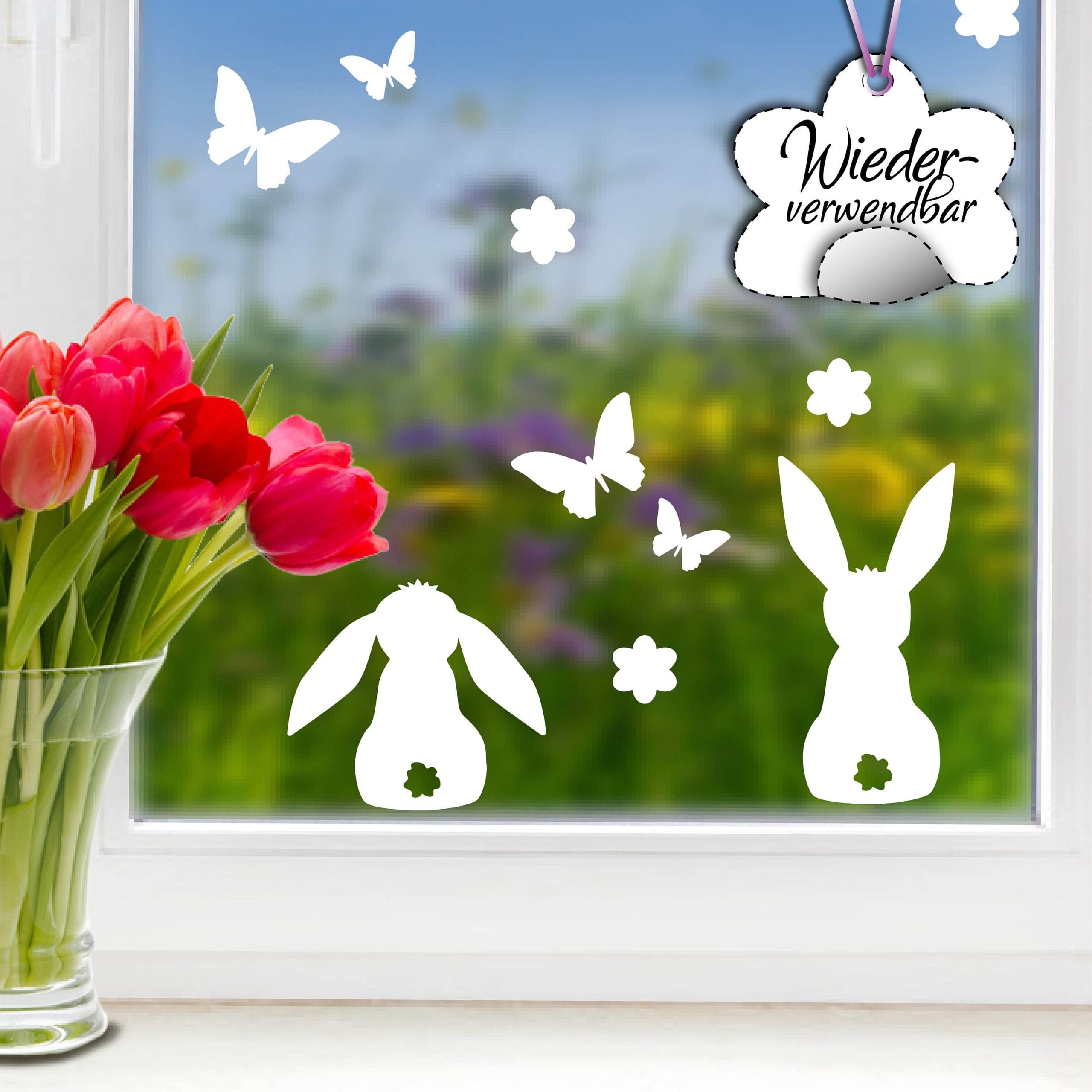 Fensteraufkleber Frühling Ostern drei Hasen Blümchen Schmetterlinge weiß WIEDERVERWENDBAR 23 Aufkleber im SetFensterbild Fensterdeko