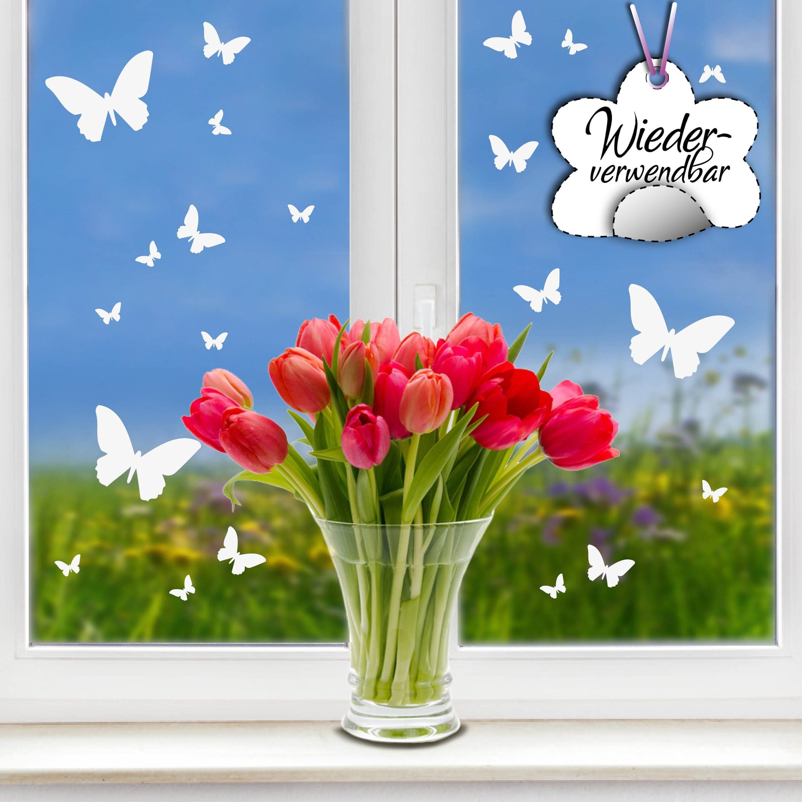 Fensteraufkleber Frühling Schmetterlinge weiß WIEDERVERWENDBAR