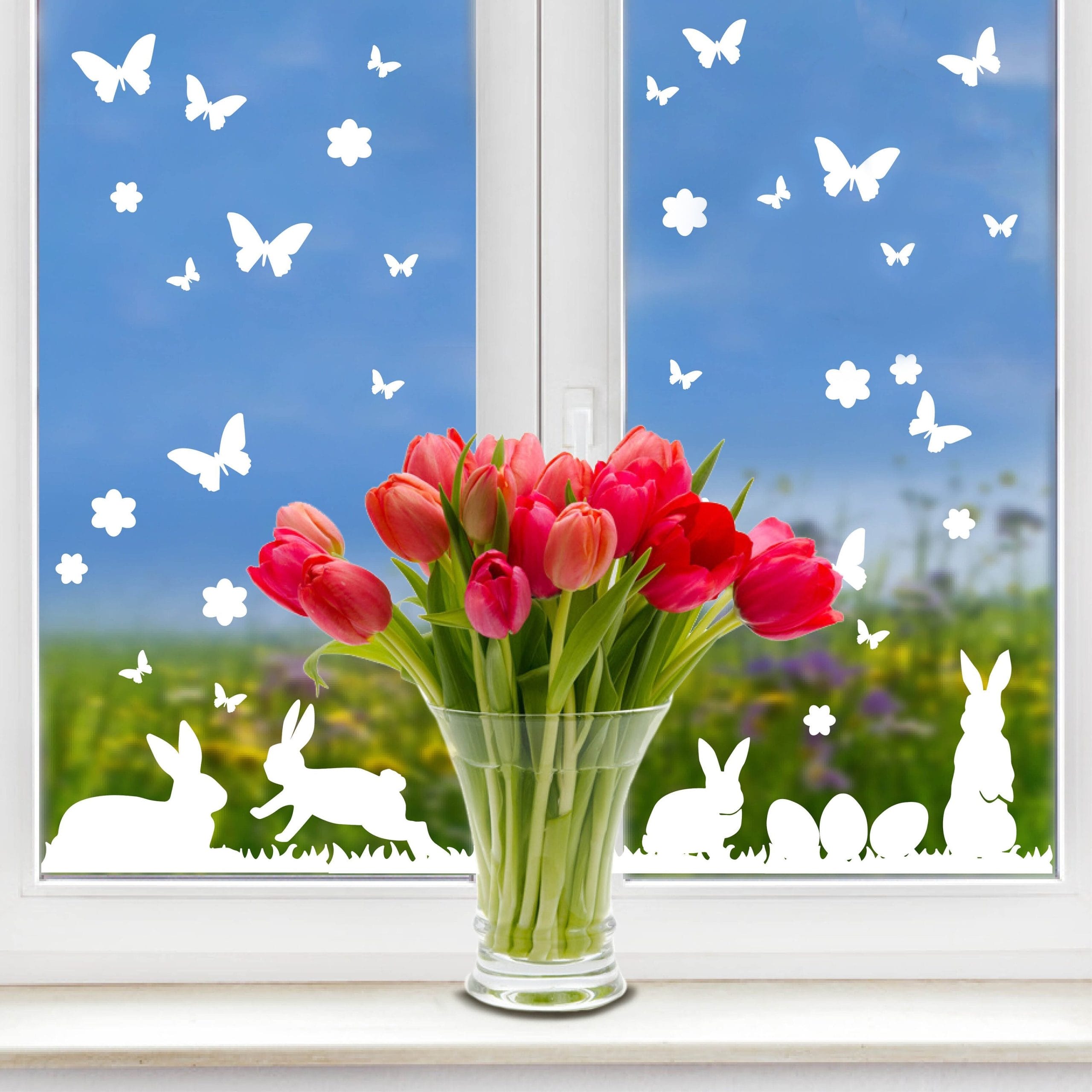 Fensteraufkleber Hasen mit Ostereiern und Schmetterlingen WIEDERVERWENDBAR