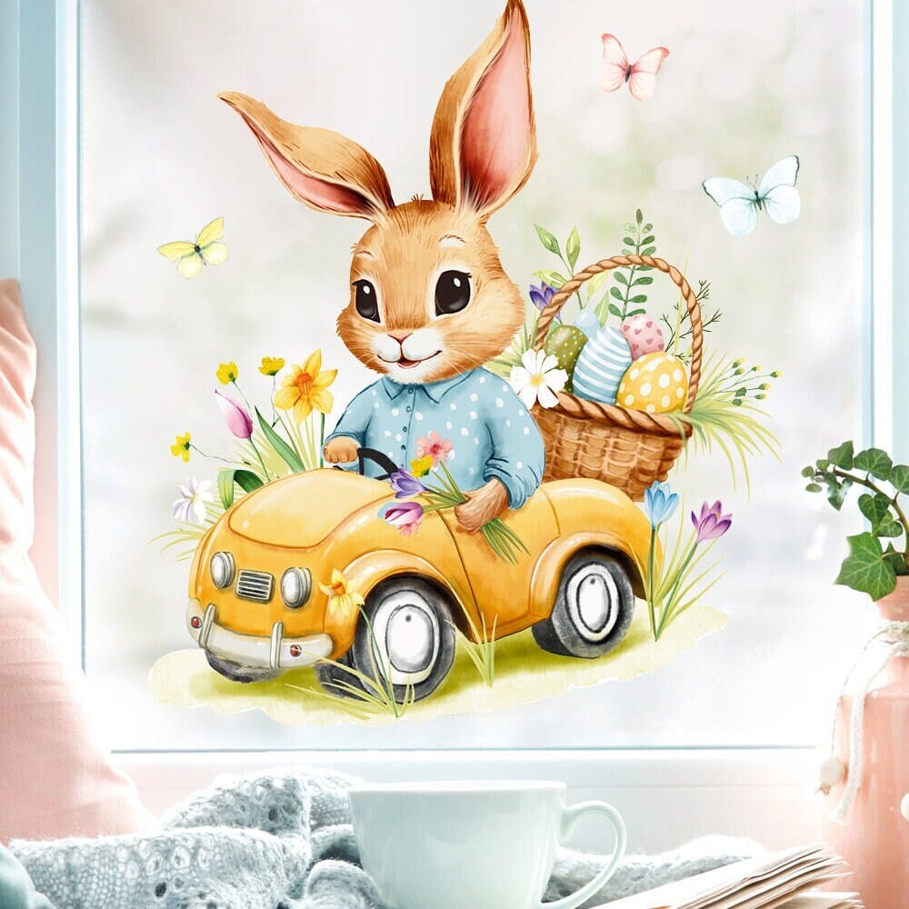 Fensterbild Frühling Ostern Hasen im gelben Auto mit Schmetterlingen Ostereiern und Blumen Fensterdeko Kinderzimmer Kind Frühlingsdeko