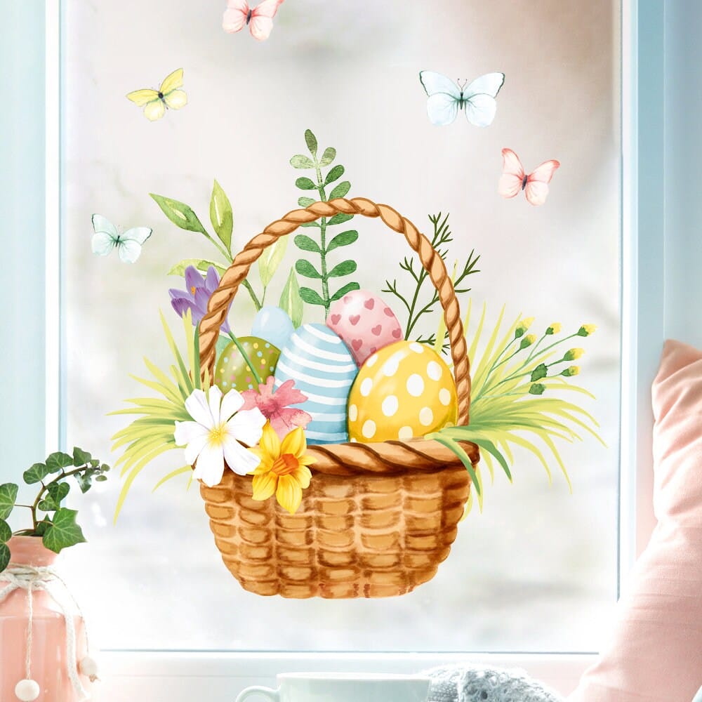 Fensterbild Frühling Ostern Ostereier Korb mit Schmetterlingen und Blumen Fensterdeko Kinderzimmer Kind Frühlingsdeko