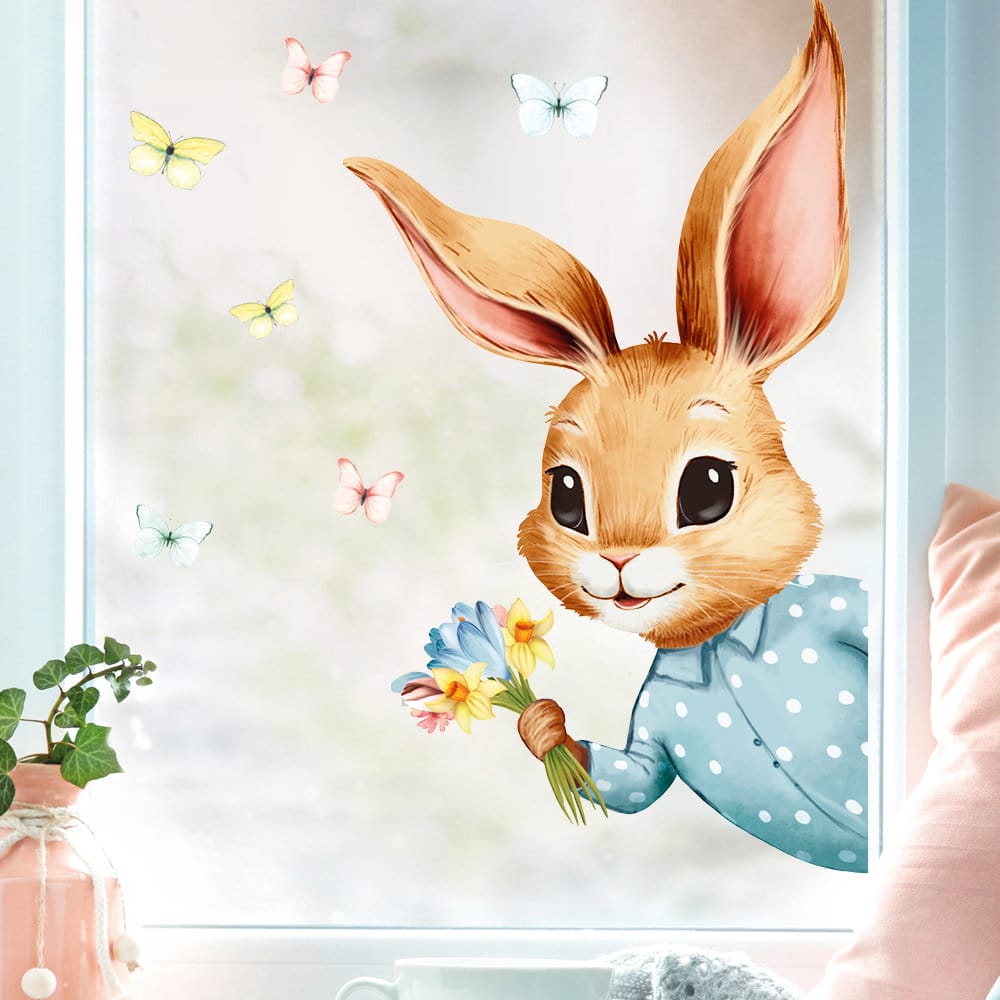 Fensterbild Frühling Ostern Osterhase hineinschauend Schmetterlingen Blumenstrauß Fensterdeko Kinderzimmer Kind Frühlingsdeko