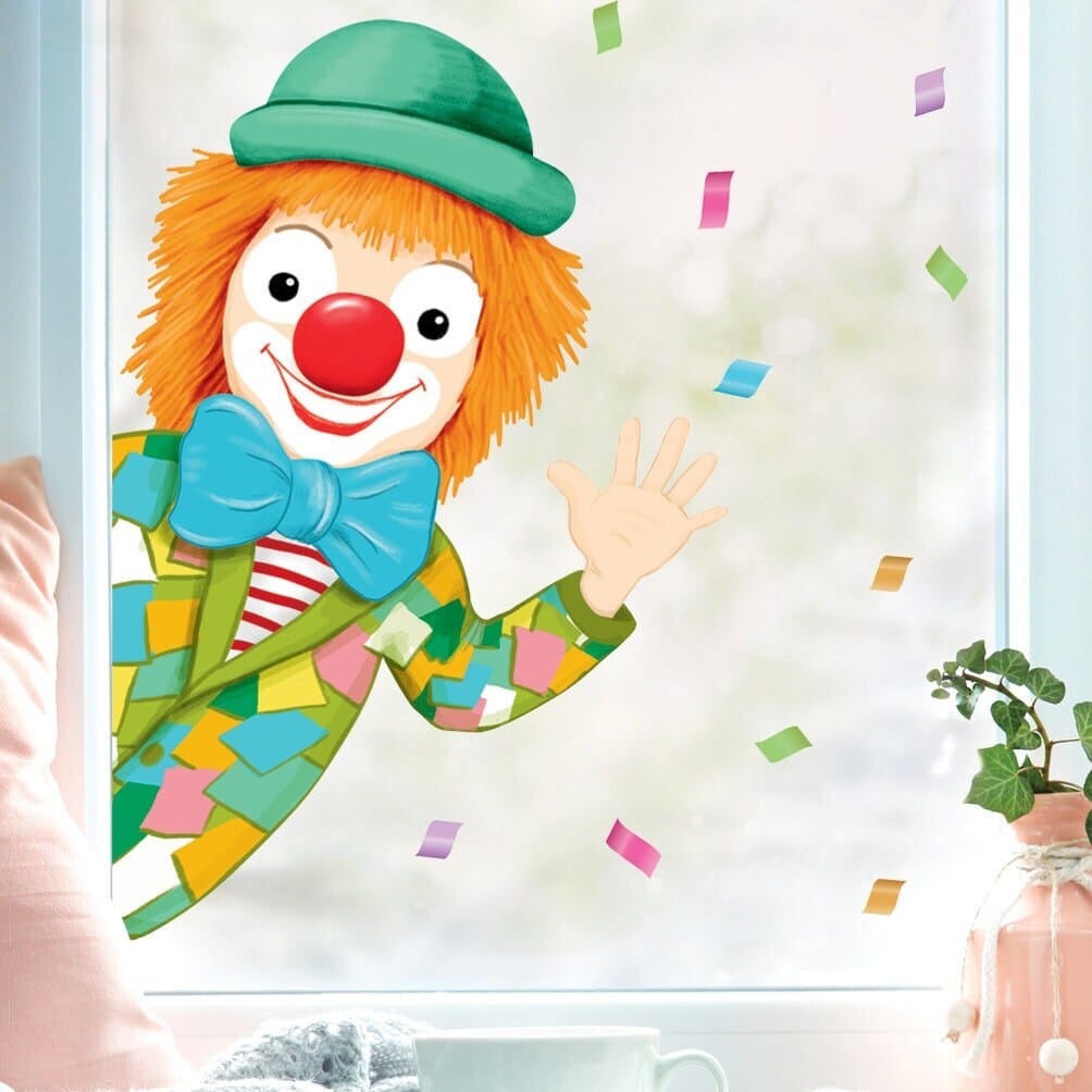 Fensterbild Karneval Clown von der Seite wiederverwendbar Frühling bunte Geburtstag Fasching farbig