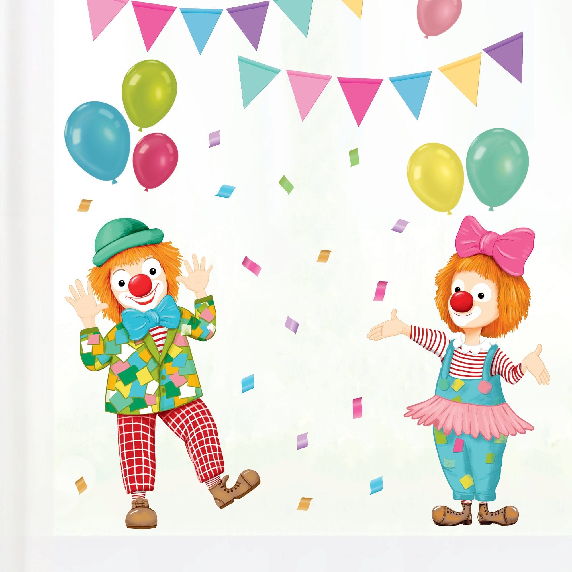 Fensterbild Karneval Clowns Girlande Luftballons wiederverwendbar Frühling bunte Dreiecke Fasching farbig