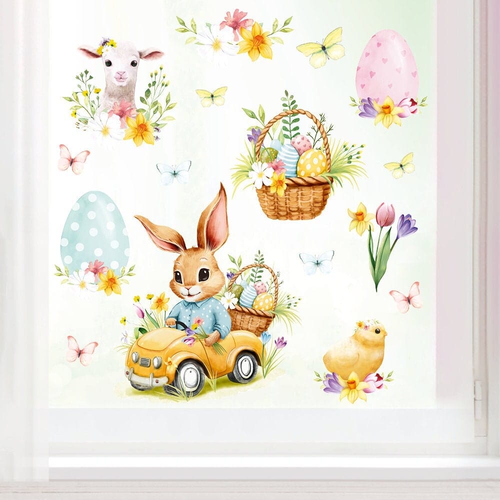 Fensterbild Set Frühling Ostern Hasen im Auto mit Schmetterlingen Ostereiern Küken Lamm & Blumen Fensterdeko Frühlingsdeko