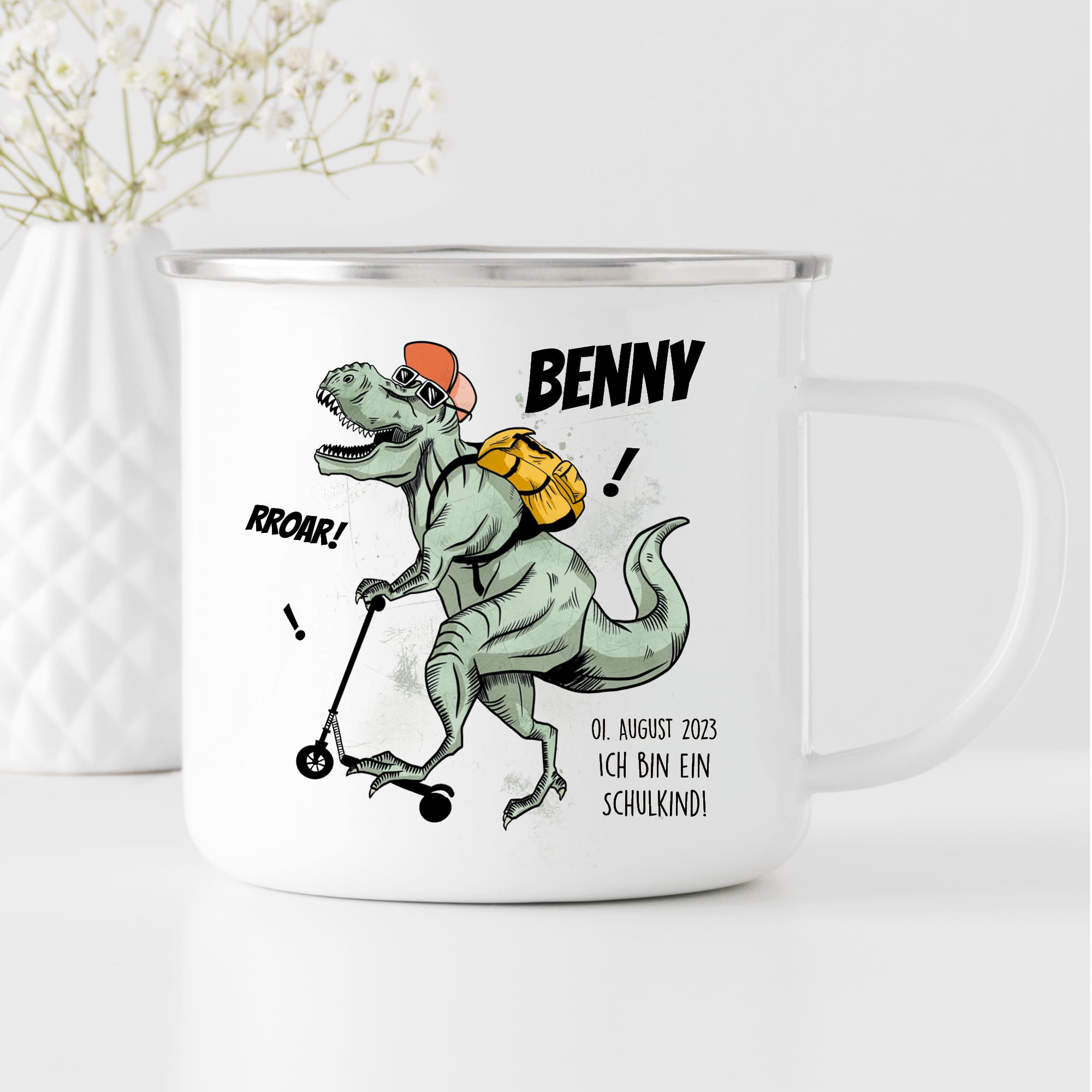 Kindertasse Emaille Dino Dinosaurier mit Schulranzen personalisiert Wunschname Einschulungsgeschenk