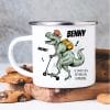 Auf dem Bild ist das Produkt: Kindertasse Emaille Dino Dinosaurier mit Schulranzen personalisiert Wunschname Einschulungsgeschenk zum Preis von €18.9 abgebildet.