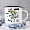 Auf dem Bild ist das Produkt: Kindertasse Emaille Dino Dinosaurier mit Schulranzen personalisiert Wunschname Einschulungsgeschenk zum Preis von €18.9 abgebildet.