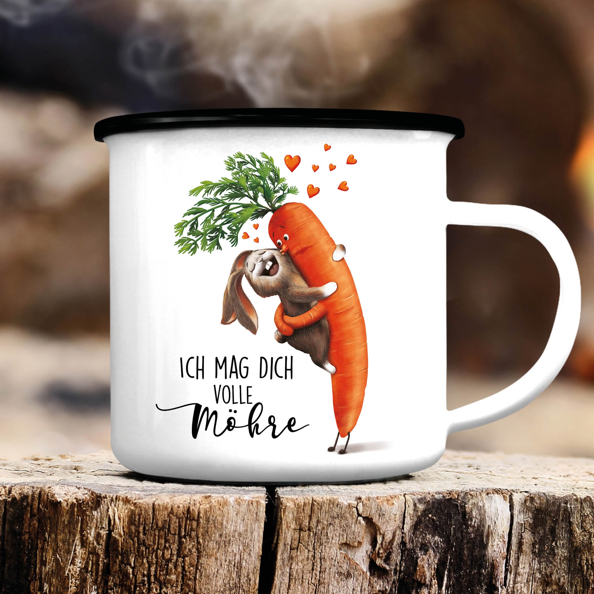 Emaille Campingbecher Hase Ich mag dich volle Möhre Geschenk Geburtstag Kaffeebecher bedruckt