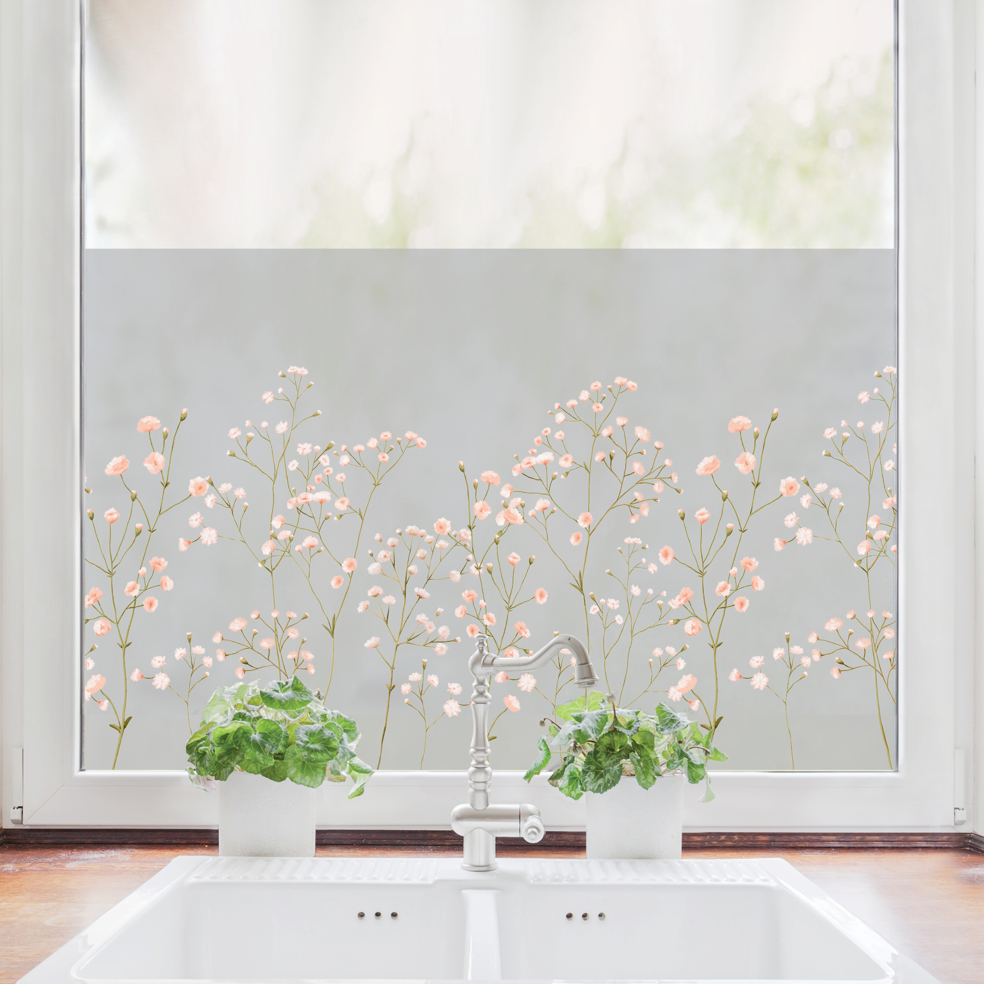 Sichtschutzfolie rosa roséfarbene Gysophila Fensterfolie Fensterdeko Milchglasfolie Wiederverwendbar