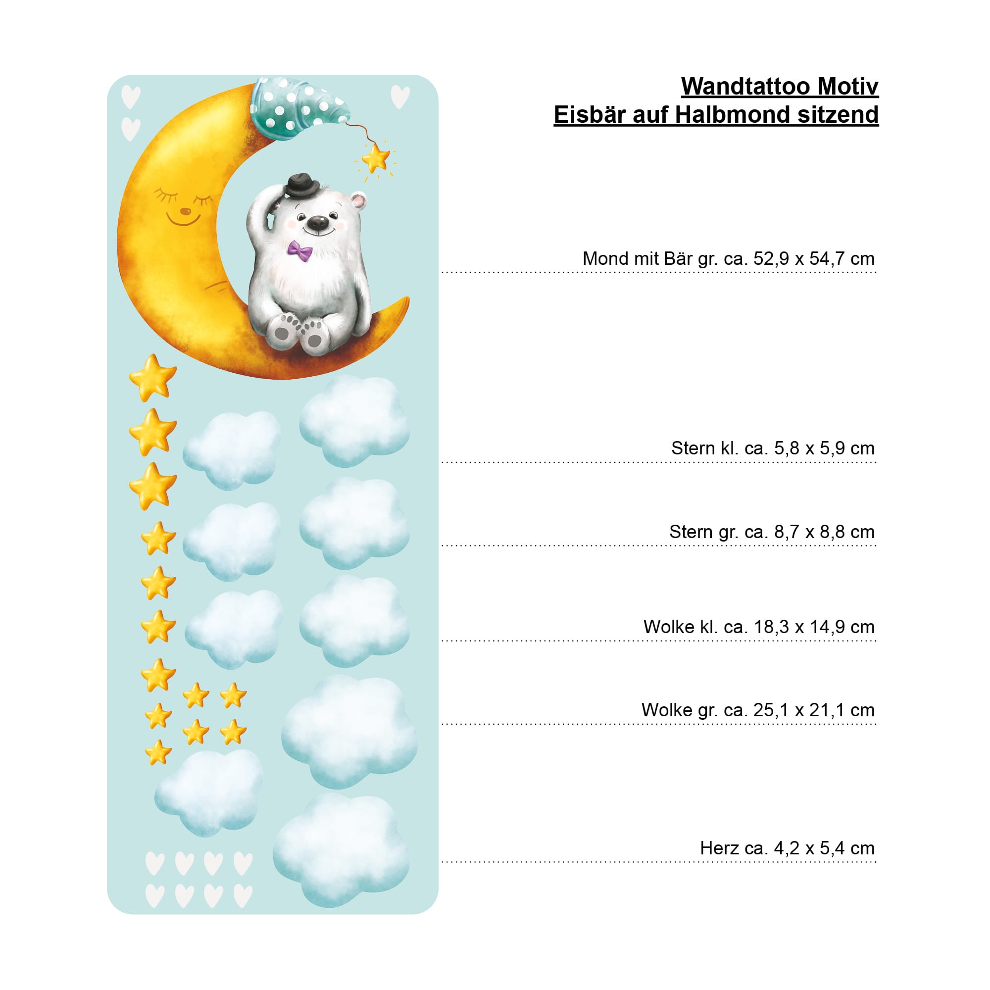 Auf dem Bild ist das Produkt: Wandtattoo Kinderzimmer Bär auf Halbmond Sterne Wolken bunt Dekoration Babyzimmer Mond zum Preis von €23.90 abgebildet.
