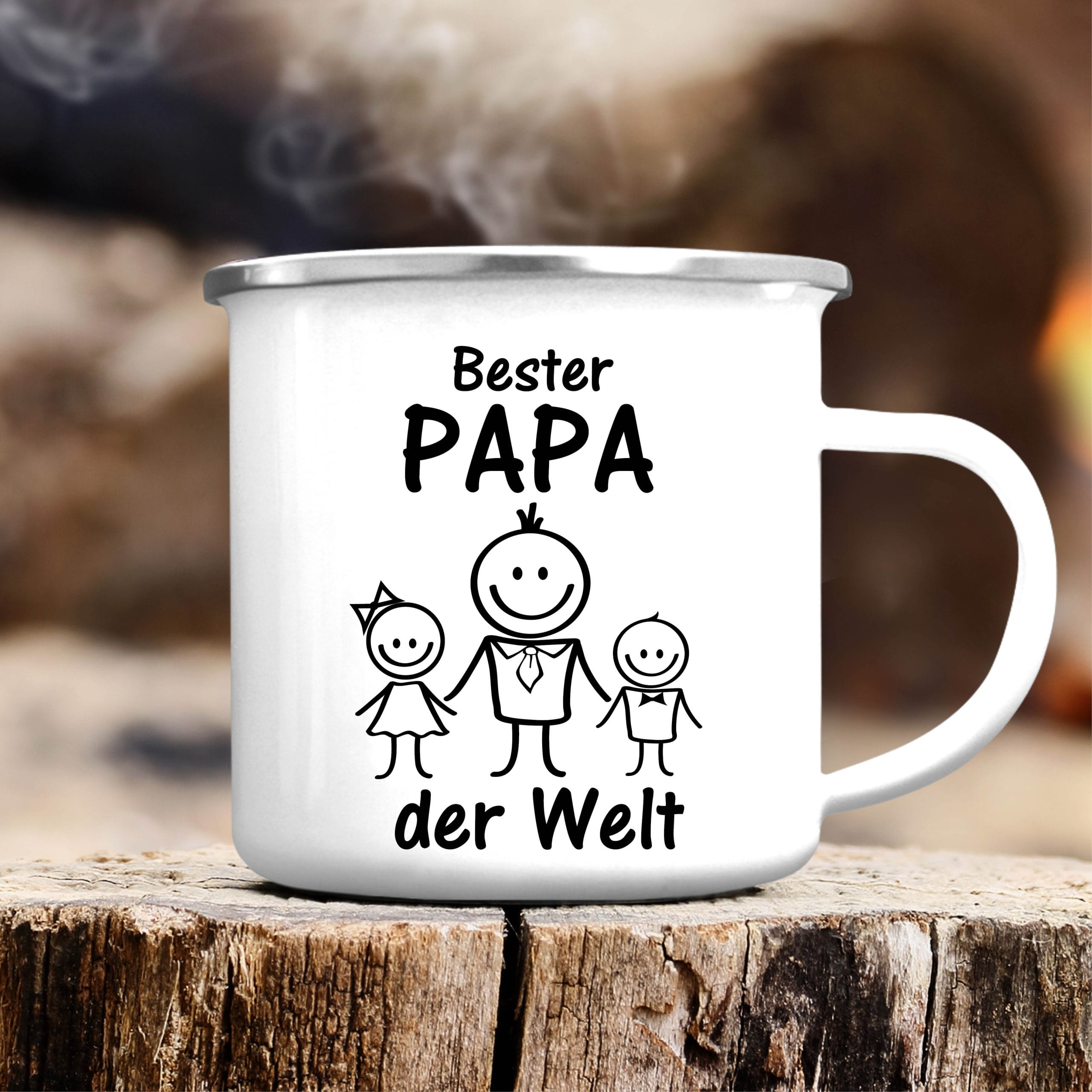 Auf dem Bild ist das Produkt: Emaille Campingbecher Strichmännchen Bester Papa der Welt Geschenk Geburtstag Vatertag 300 ml zum Preis von €18.90 abgebildet.