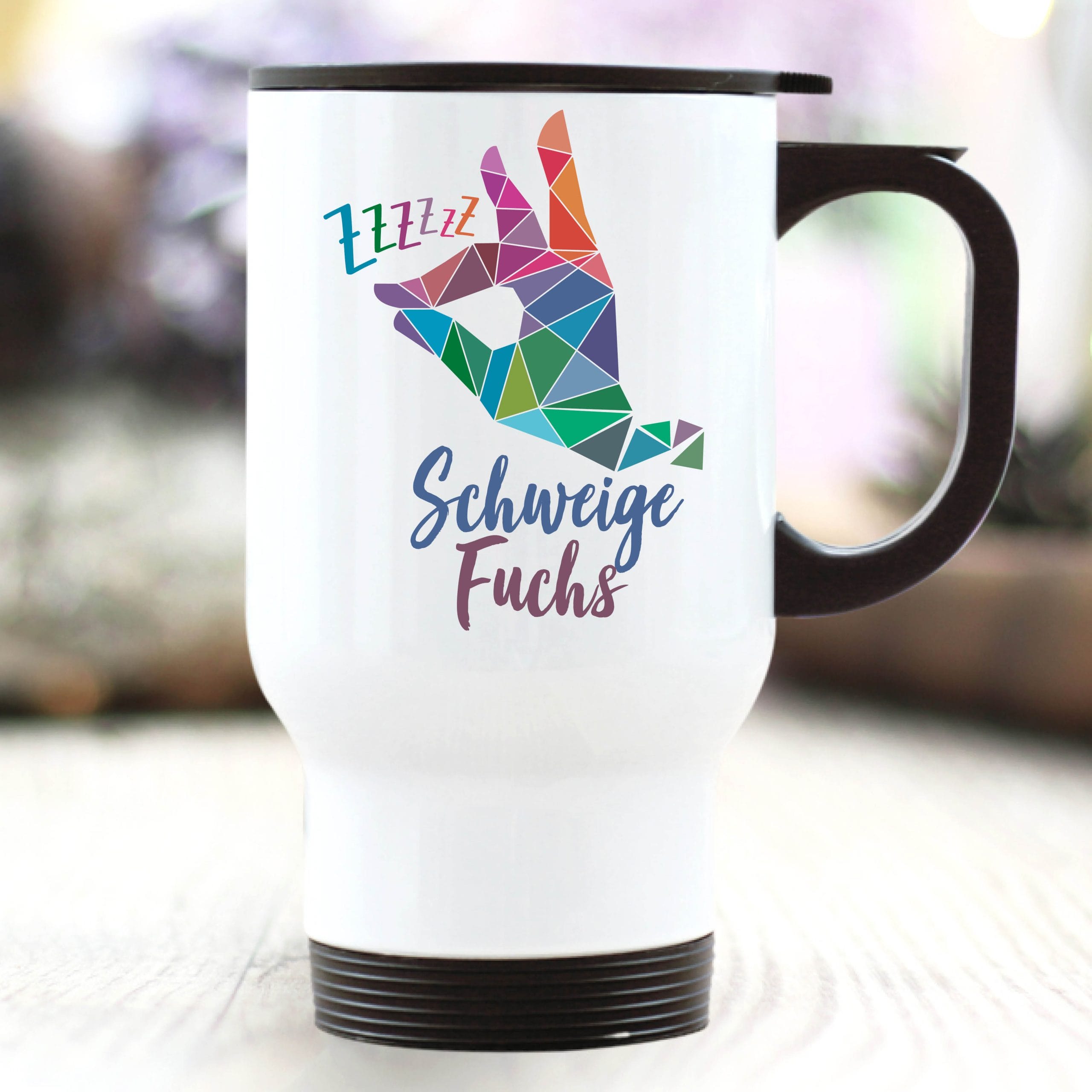 Auf dem Bild ist das Produkt: Edelstahl Thermobecher Schweigefuchs Leisefuchs geometrisch Kaffeebecher to go mit Griff zum Preis von €21.90 abgebildet.