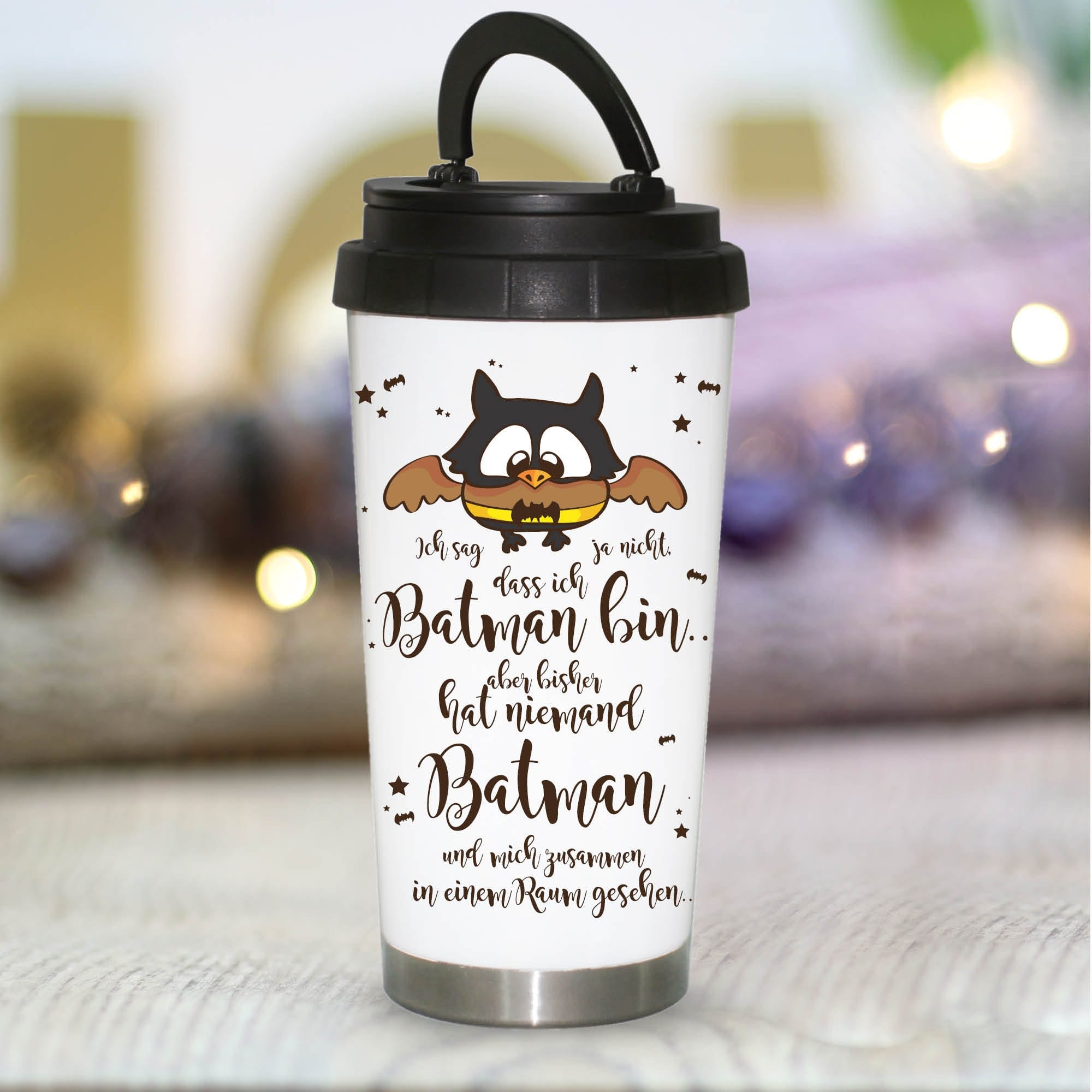 Edelstahl Thermobecher Eule Batman Spruch Kaffeebecher to go Geschenk Geburtstag Trinkbecher isoliert