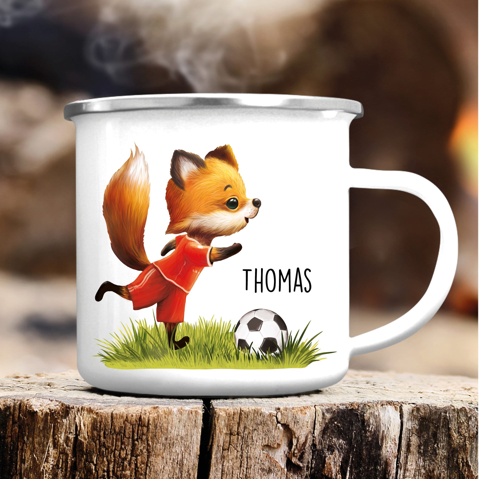 Kindertasse Emaille Becher Fuchs Fußballer Trikot Geschenk Schulanfang Wunschname