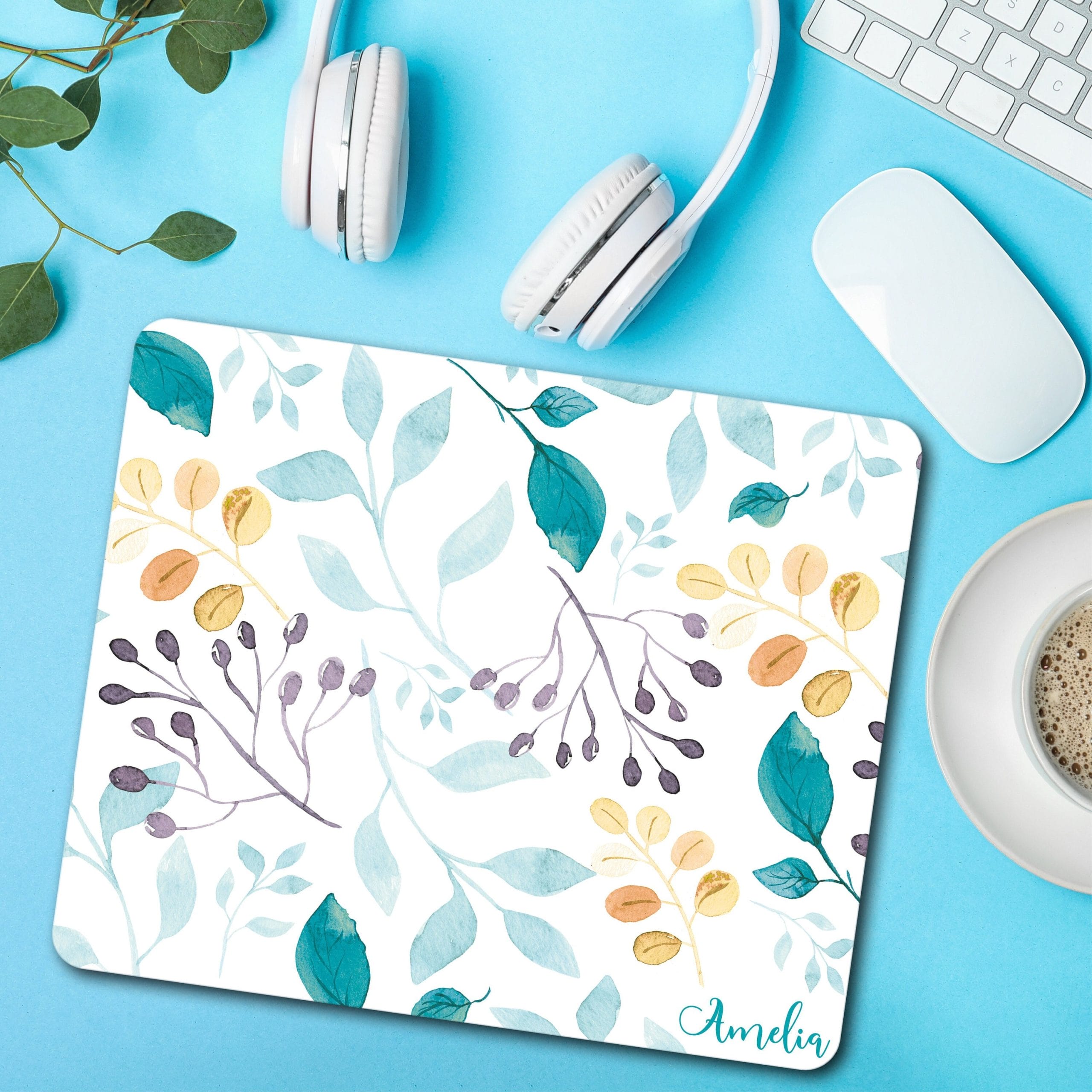 Mauspad Mousepad Blätter floral, personalisiertes Geschenk Büro Deko Schreibtischunterlage benutzerdefiniert