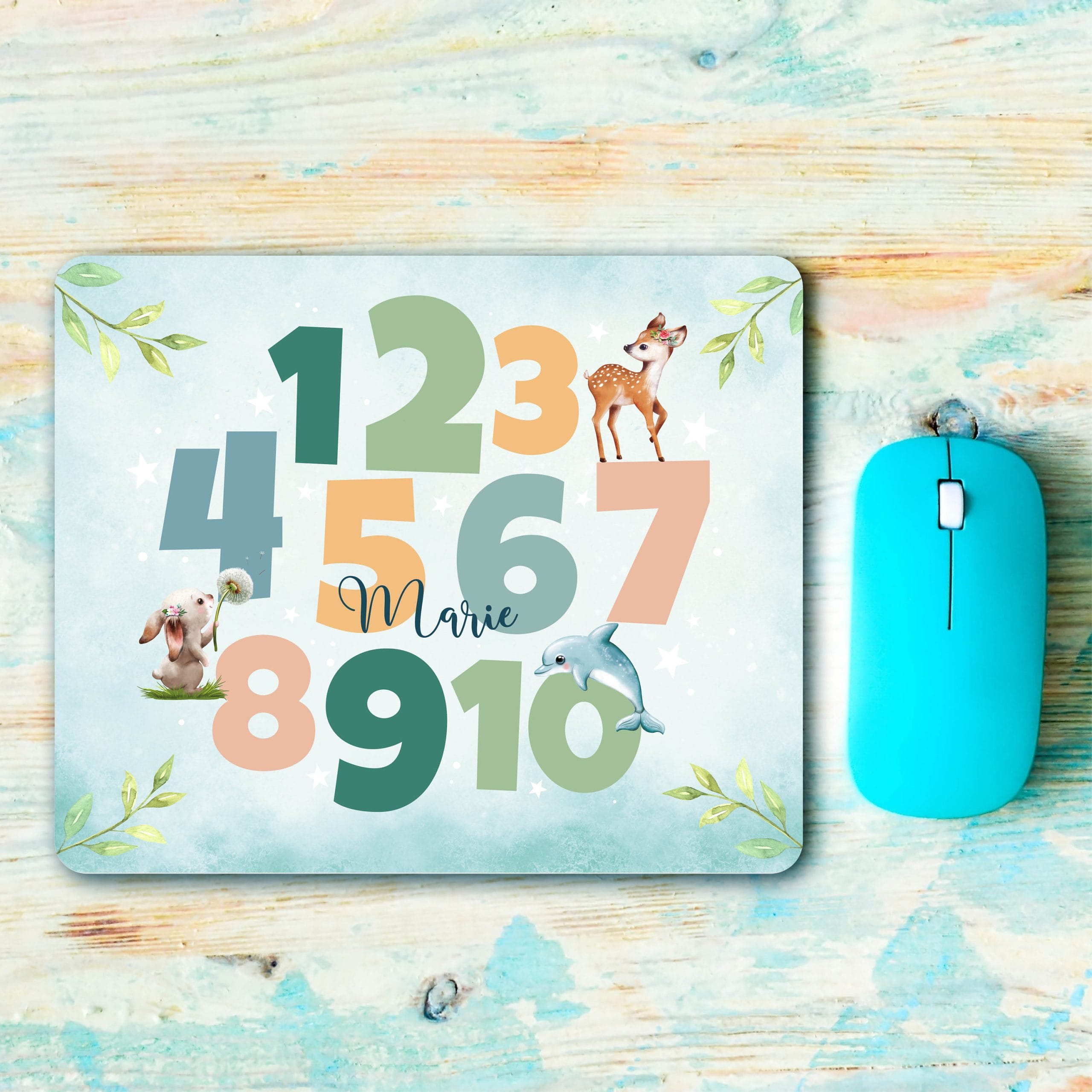 Mauspad Mousepad Schule Zahlen mit Hase und Reh Schreibtischunterlage mit Wunschname personalisiert