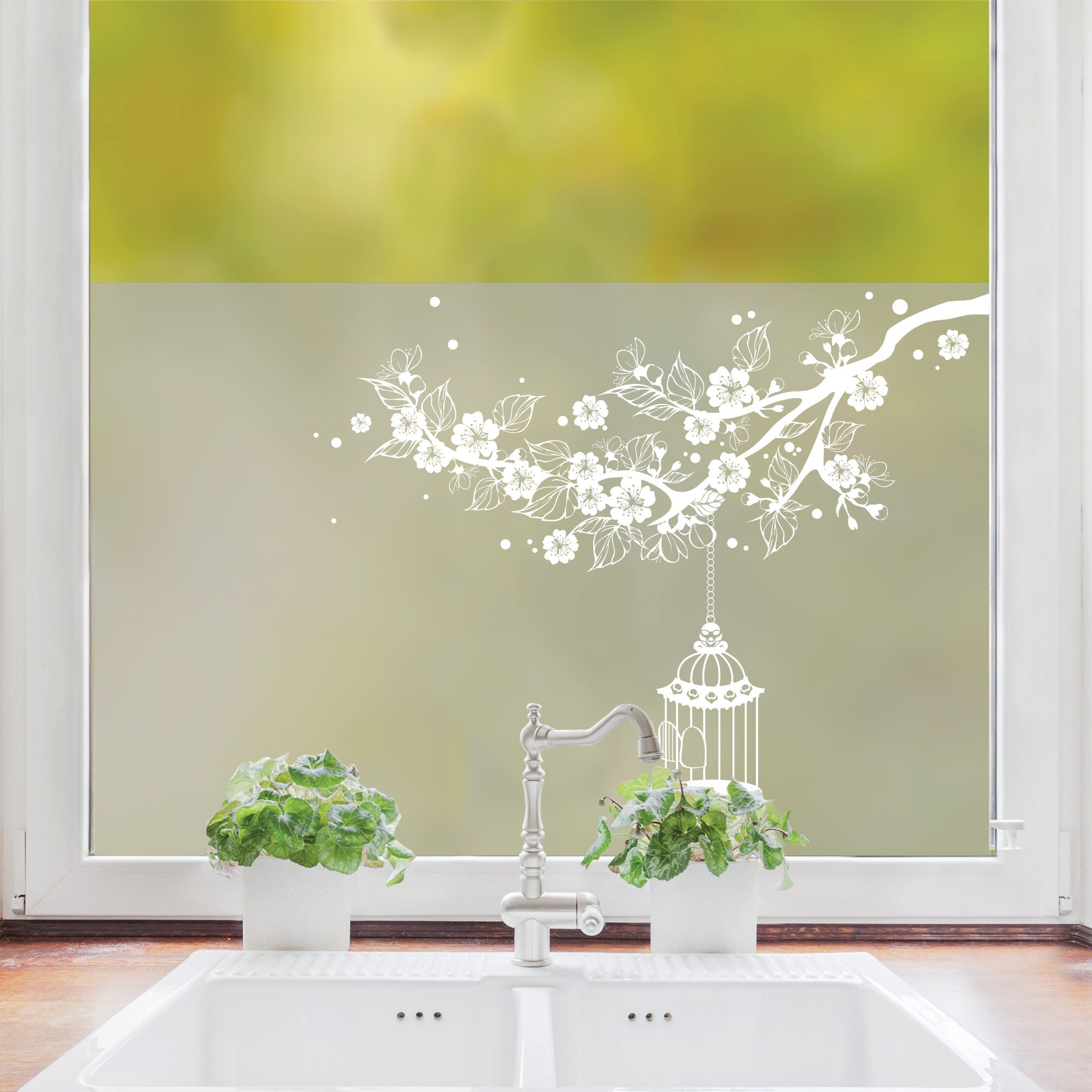 Sichtschutzfolie Kirschblütenzweig Vogelkäfig Fensterfolie Fensterdeko Milchglasfolie Wiederverwendbar Sichtschutz