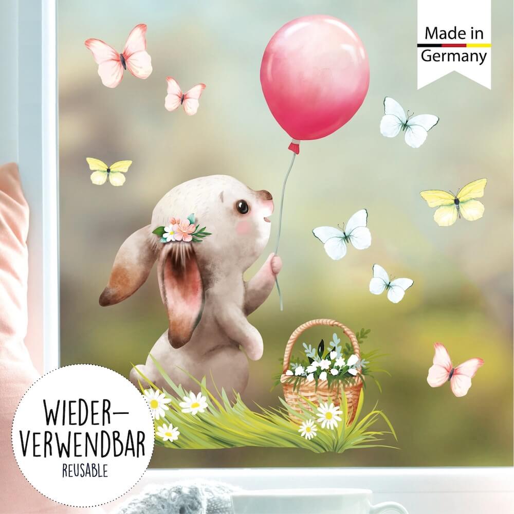 Fensterbild Frühling Ostern Hase Luftballon mit Schmetterlingen Fensterdeko Kinderzimmer Kind, Frühlingsdeko, Osterdeko