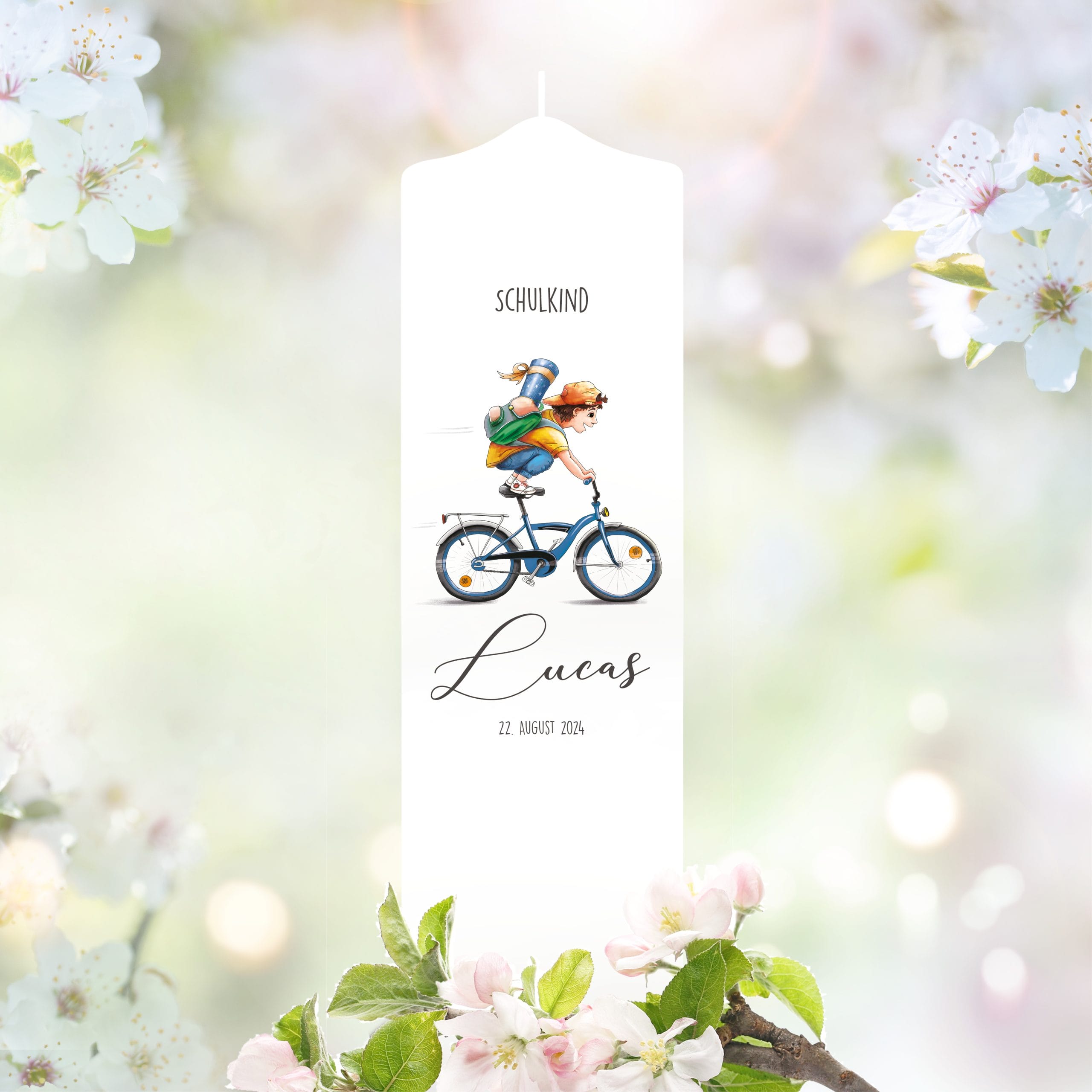 Geschenk zur Einschulung Kerze Junge auf Fahrrad personalisiert mit Namen und Datum anpassbares Einschulungsgeschenk Jungen