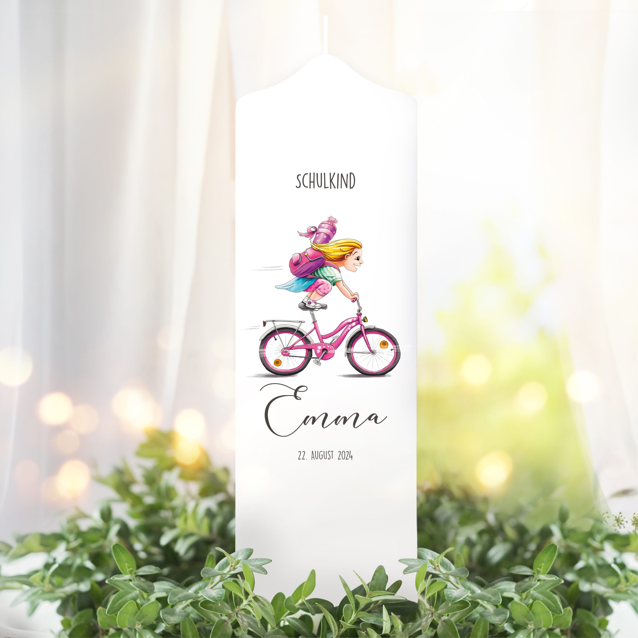 Anpassbare Kerze Mädchen auf Fahrrad personalisiert mit Namen und Datum Einschulungsgeschenk Geschenk zur Einschulung