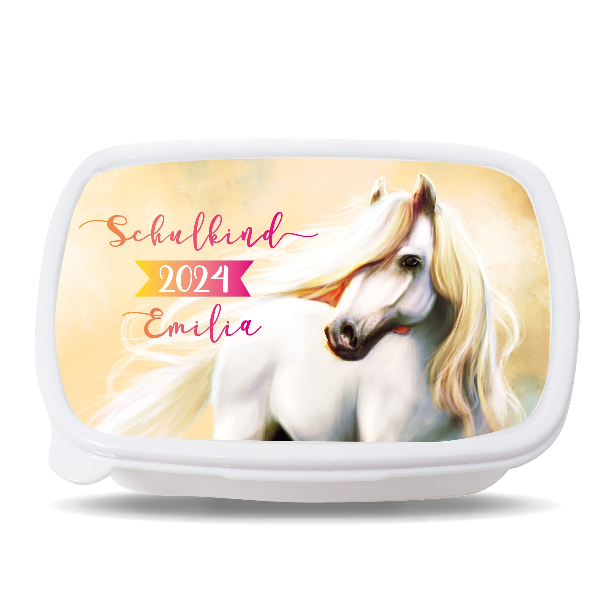 Auf dem Bild ist das Produkt: Brotdose Pferd personalisiert mit Wunschnamen Vesperbox Geschenk anpassbar Einschulung Mädchen zum Preis von €19.9 abgebildet.