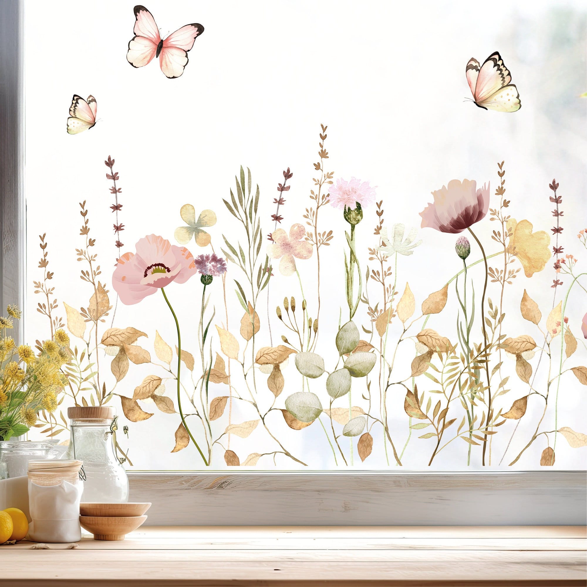 Fensterbild Feld- und Wiesenblumen wiederverwendbar pastell Blumenwiese mit Schmetterlingen Hummeln Fensterdekoration