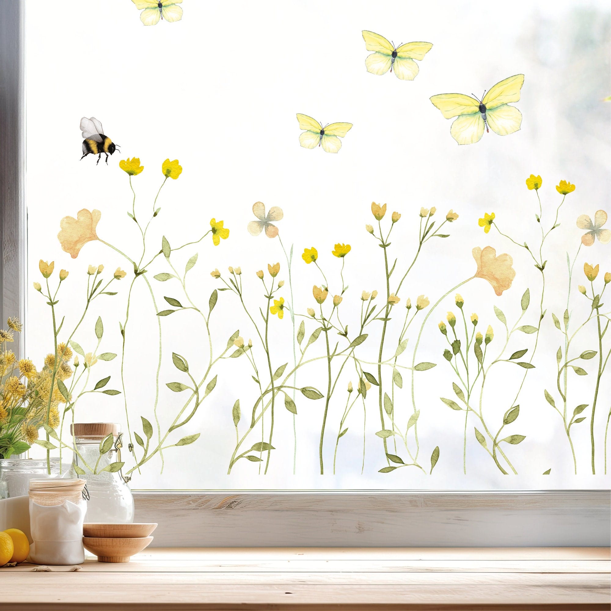 Fensterbild gelbe Wildblumenwiese Frühling Wildgras Gräser Blumenwiese mit Hummeln Schmetterlingen Fensterdekoration