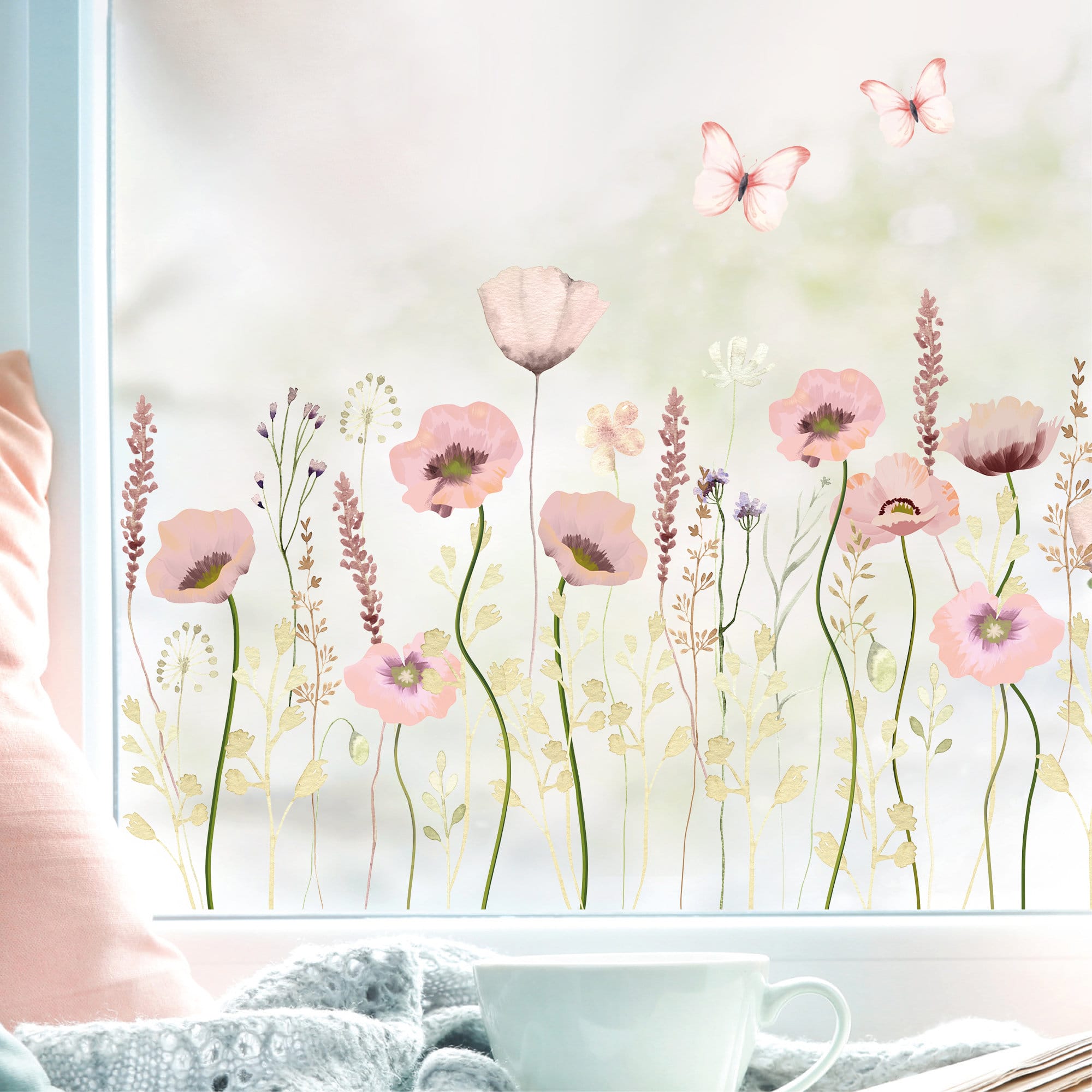 Fensterbild Mohnblumenwiese rosa wiederverwendbar pastell Blumenwiese mit Schmetterlingen Fensterdekoration