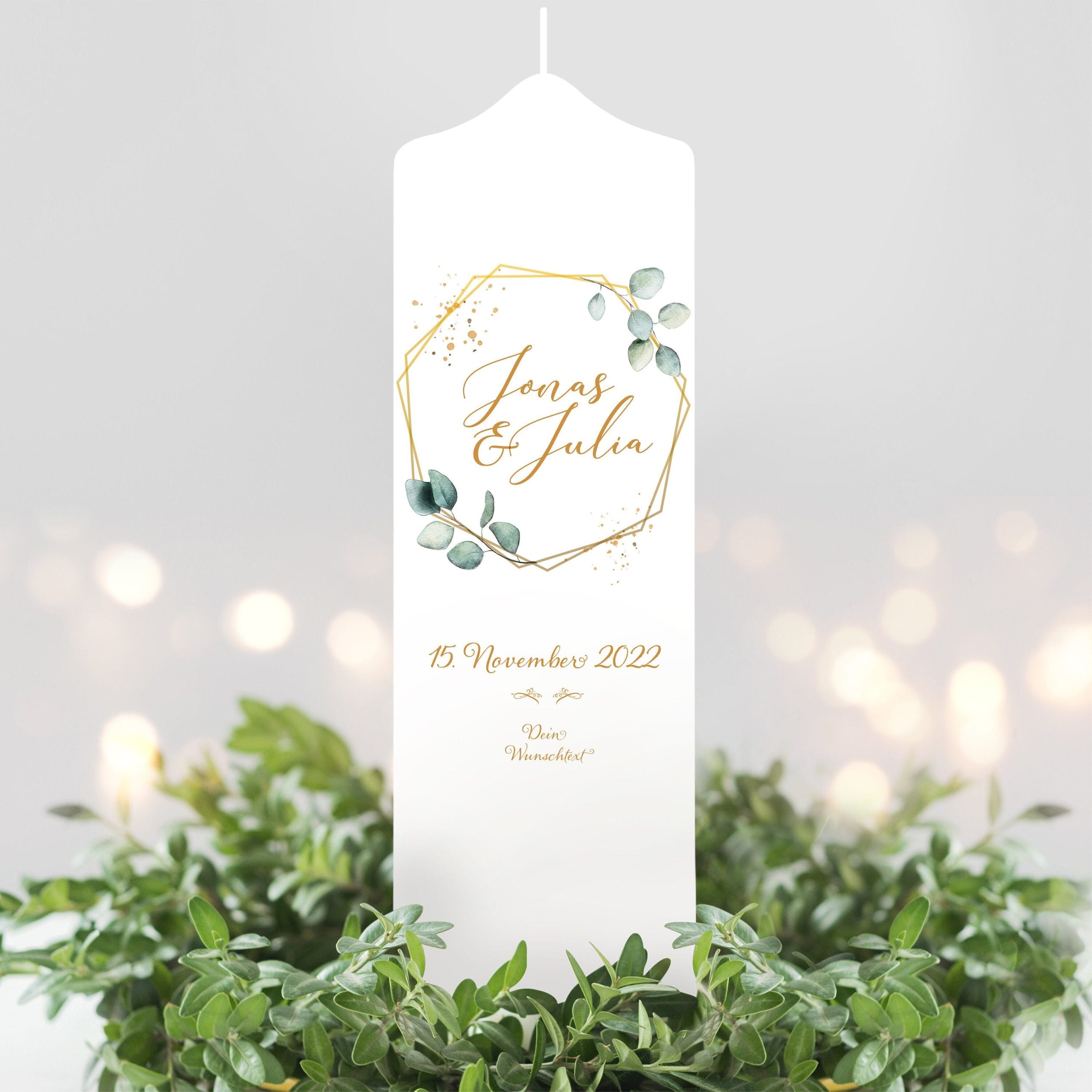 Weiße Hochzeitskerze Geburtstagskerze Rahmen Eukalyptusblätter personalisiertes Hochzeitsgeschenk anpassbar Kerze Wedding