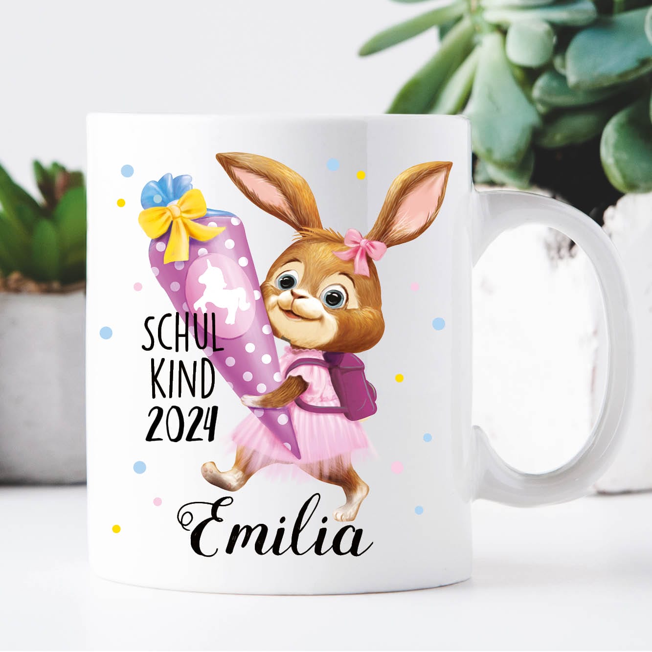 Personalisierte Tasse Keramik bedruckt Hase Mädchen Schulkind Schultüte anpassbar mit Wunschnamen 330 ml Einschulung