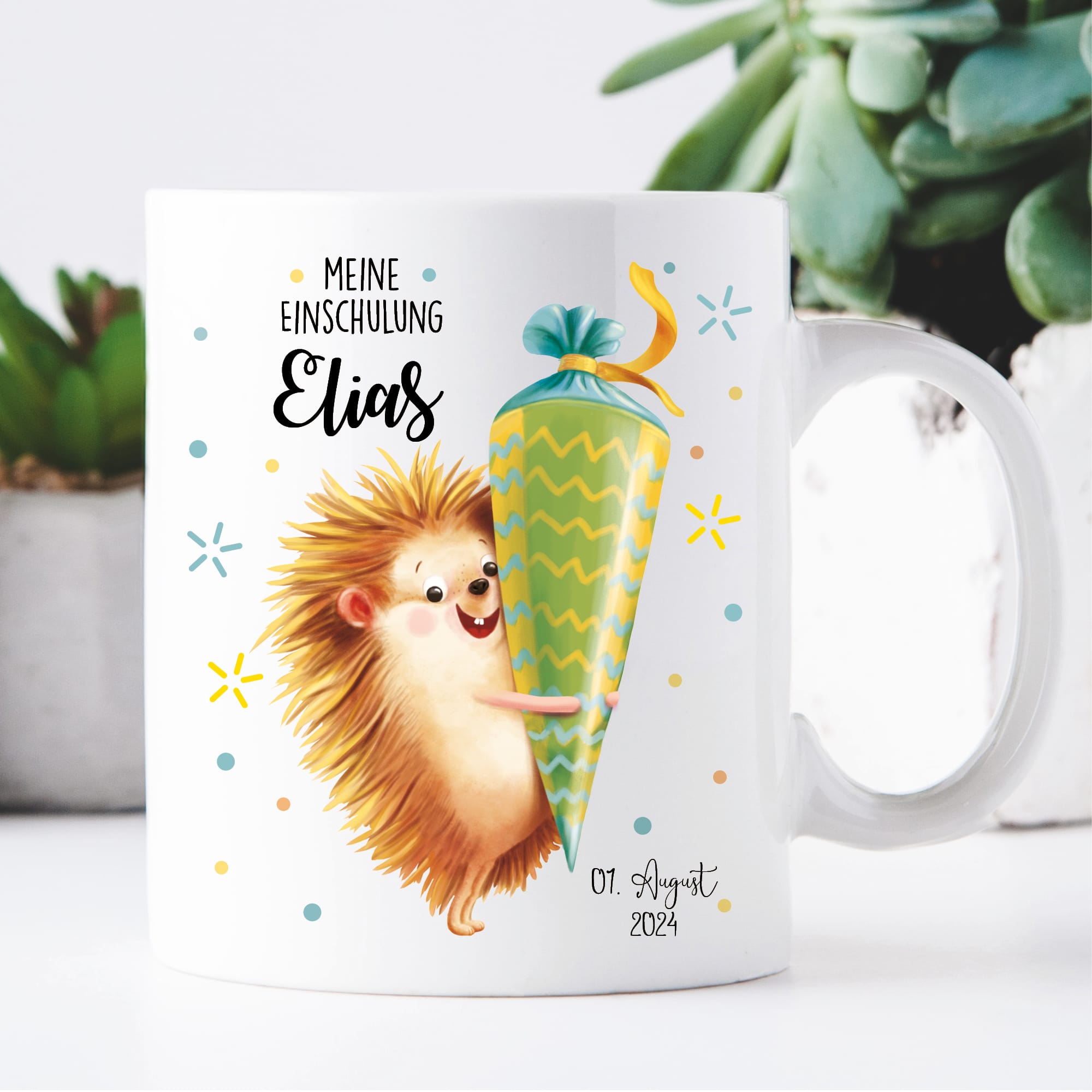 Tasse Keramik oder Kunststoff bedruckt Igel Schultüte personalisiert mit Wunschnamen und Datum