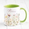Auf dem Bild ist das Produkt: Tasse Wildblumen personalisiert farbig mit Wildblumen und dem Wunschnamen Natur Naturliebhaber zum Preis von €17.90 abgebildet.