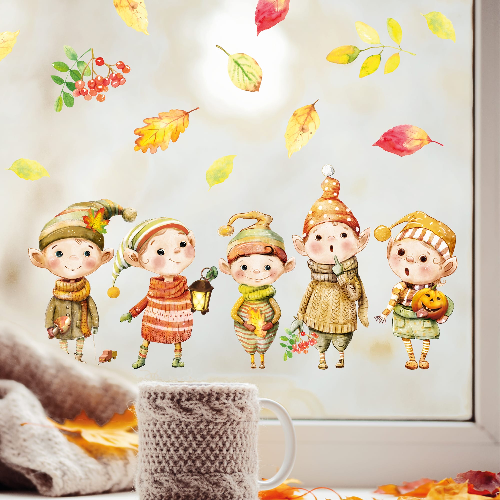 Auf dem Bild ist das Produkt: Fensterbild Herbst niedliche Wichtel mit Blättern herbstliche Fensteraufkleber Fensterdeko Deko zum Preis von €13.90 abgebildet.
