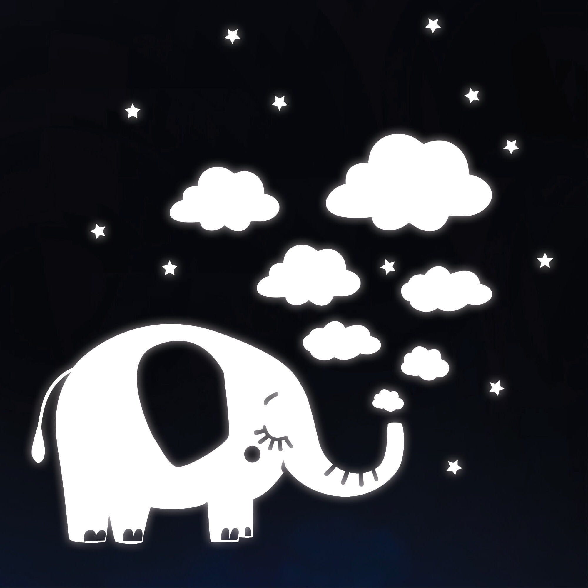Leuchtaufkleber Kinderzimmer Elefant mit Wolken und Sternen Leuchtsterne leuchten im Dunklen