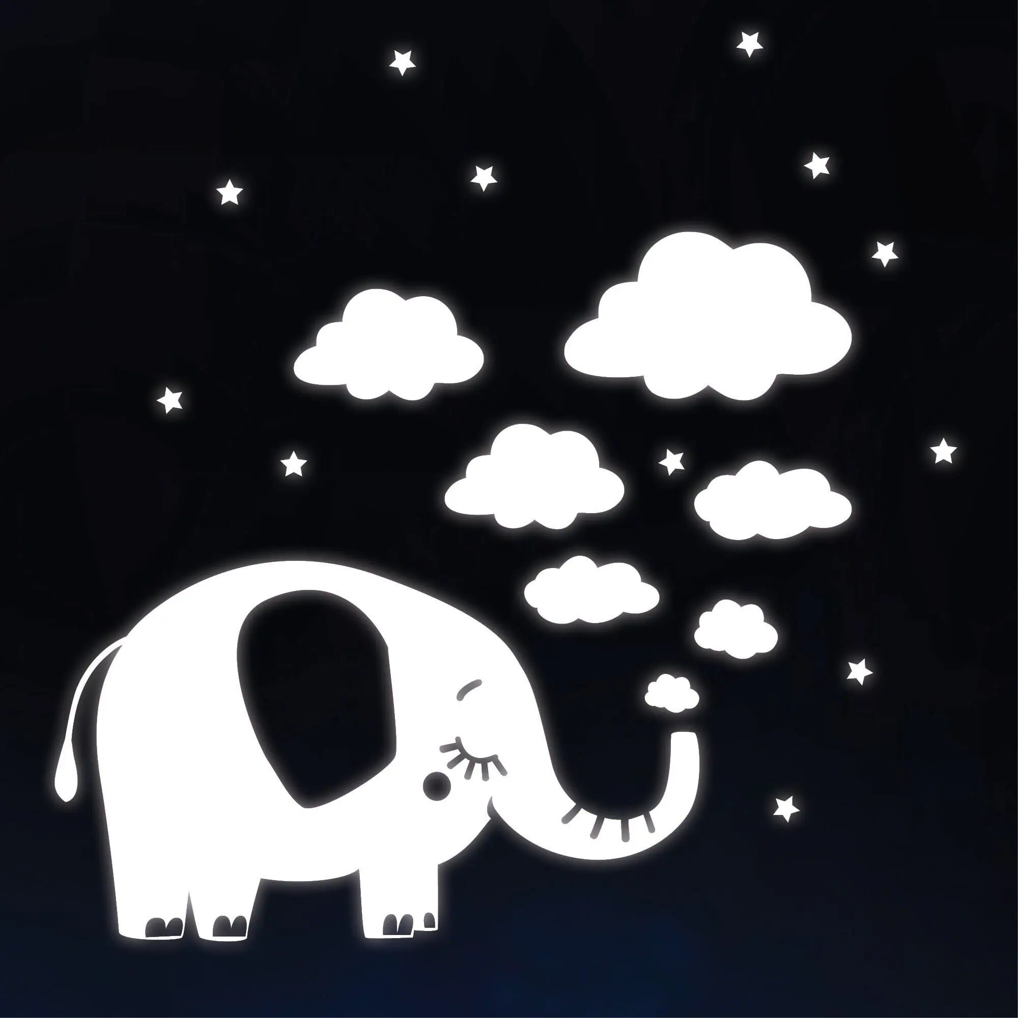 Auf dem Bild ist das Produkt: Leuchtaufkleber Kinderzimmer Elefant mit Wolken und Sternen Leuchtsterne leuchten im Dunklen zum Preis von €16.9 abgebildet.