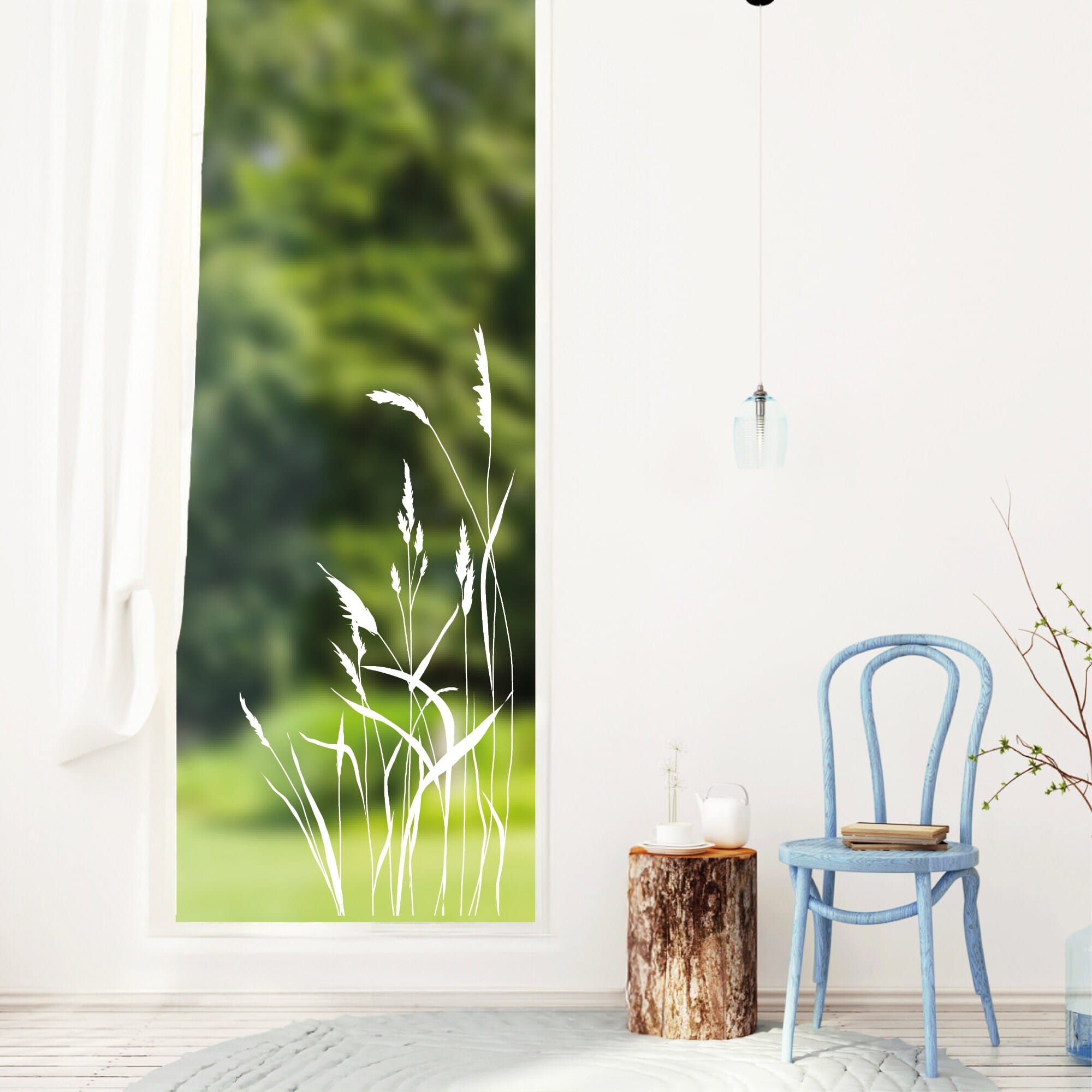 Fensterbild weißes Schilf Zweige Gräser Rahmen wiederverwendbar natur Fensteraufkleber Fensterdekoration Frühling Terrassentür