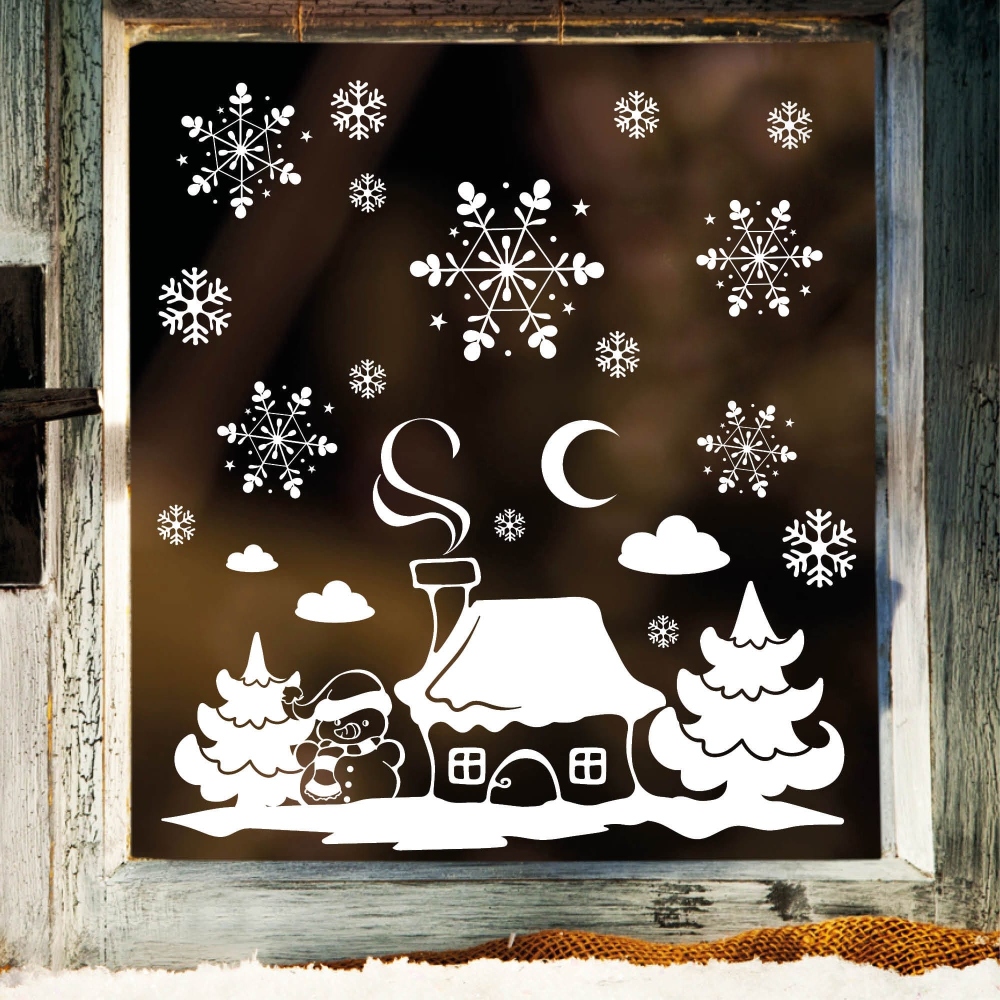 Fensterbild Weihnachten Haus Schneemann Fensteraufkleber Schneeflocken WIEDERVERWENDBAR Weihnachtsdeko